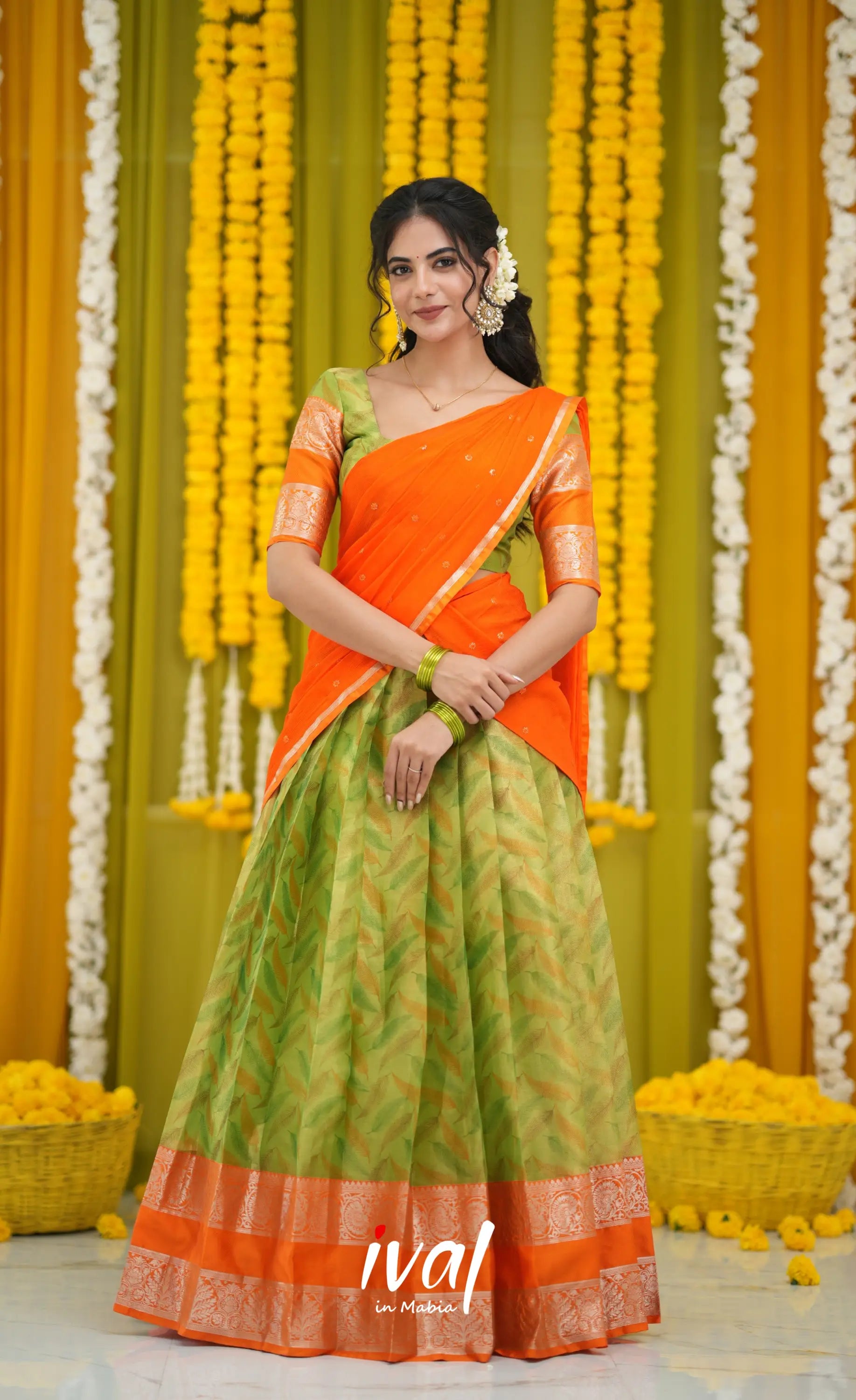 Izhaiyini Organza Halfsaree - Light Green and Orange Half Sarees