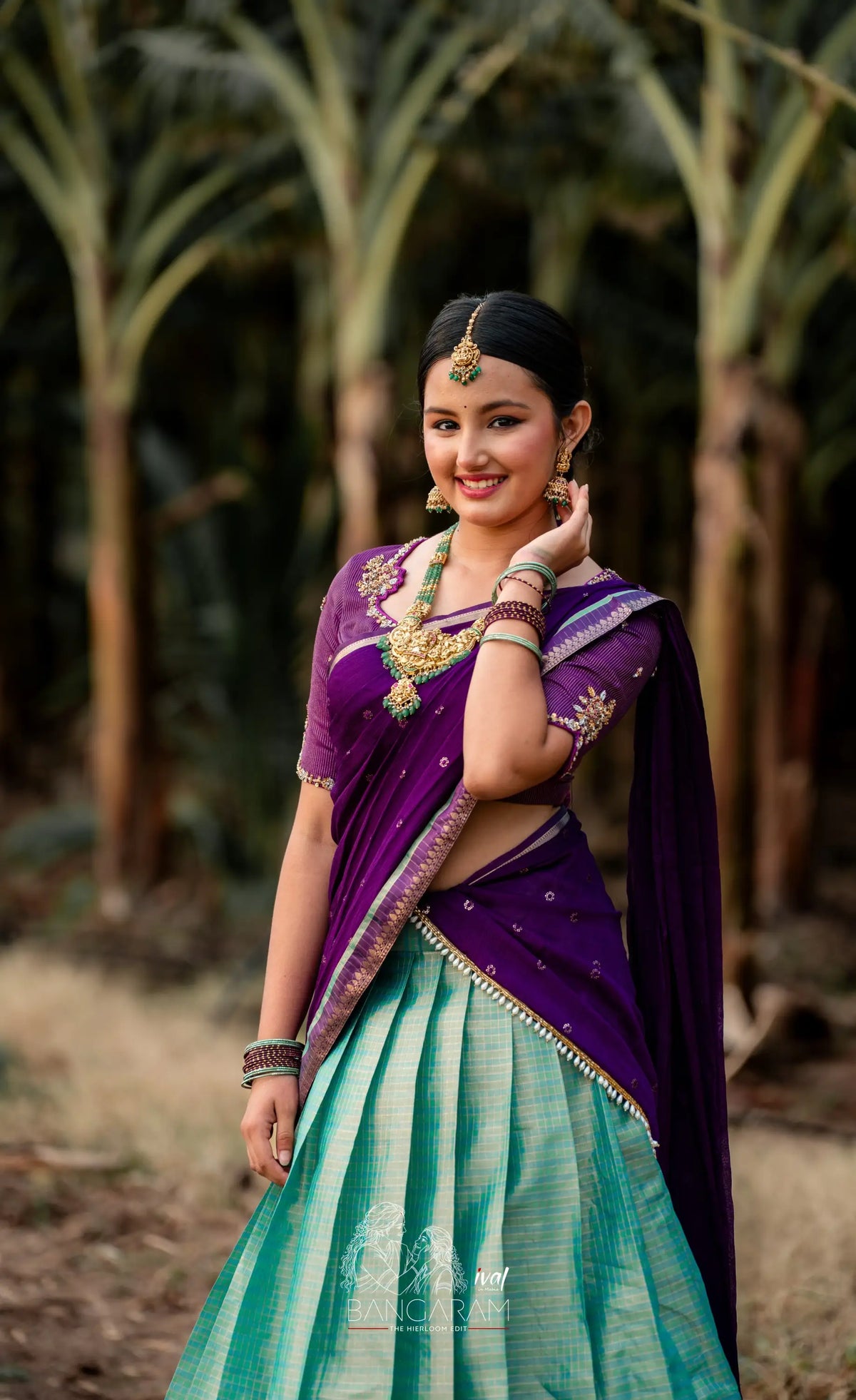 Izhaiyini Organza Halfsaree - Light Sea Blue and Purple Aaari Organza Halfsaree - Half Sarees