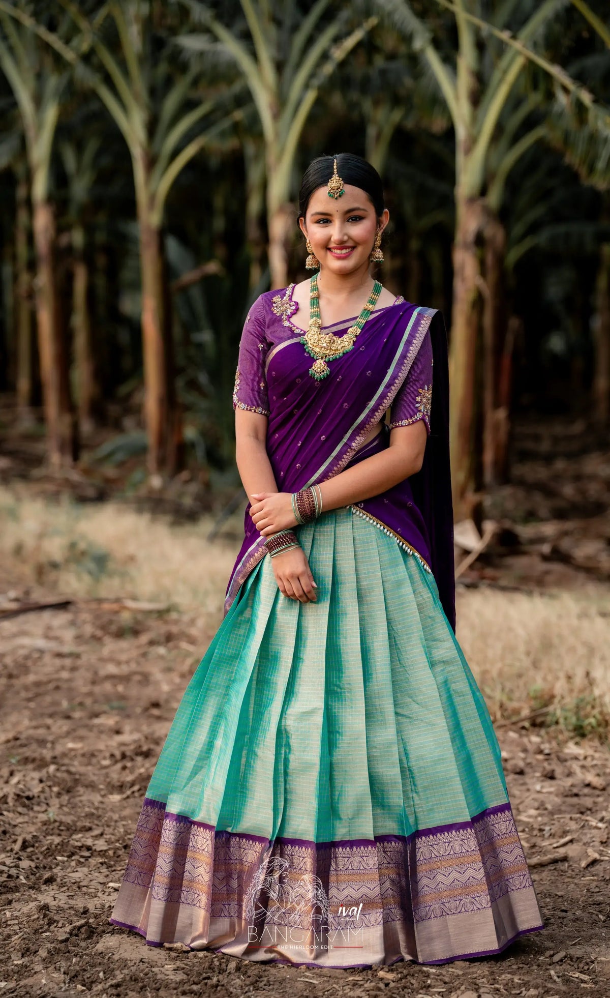 Izhaiyini Organza Halfsaree - Light Sea Blue and Purple Aaari Organza Halfsaree - Half Sarees