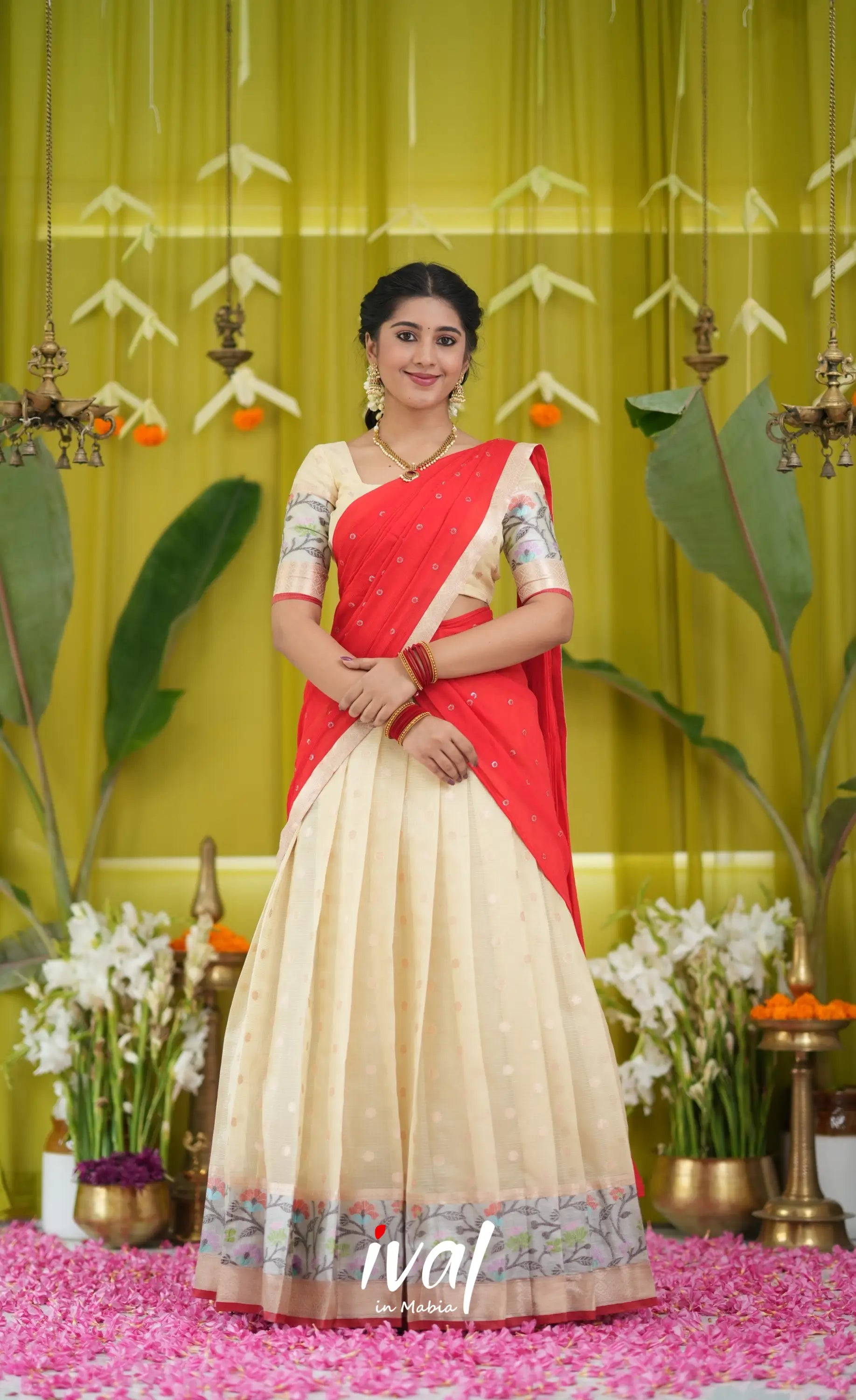 Izhaiyini Organza Halfsaree - Off white and Red Half Sarees