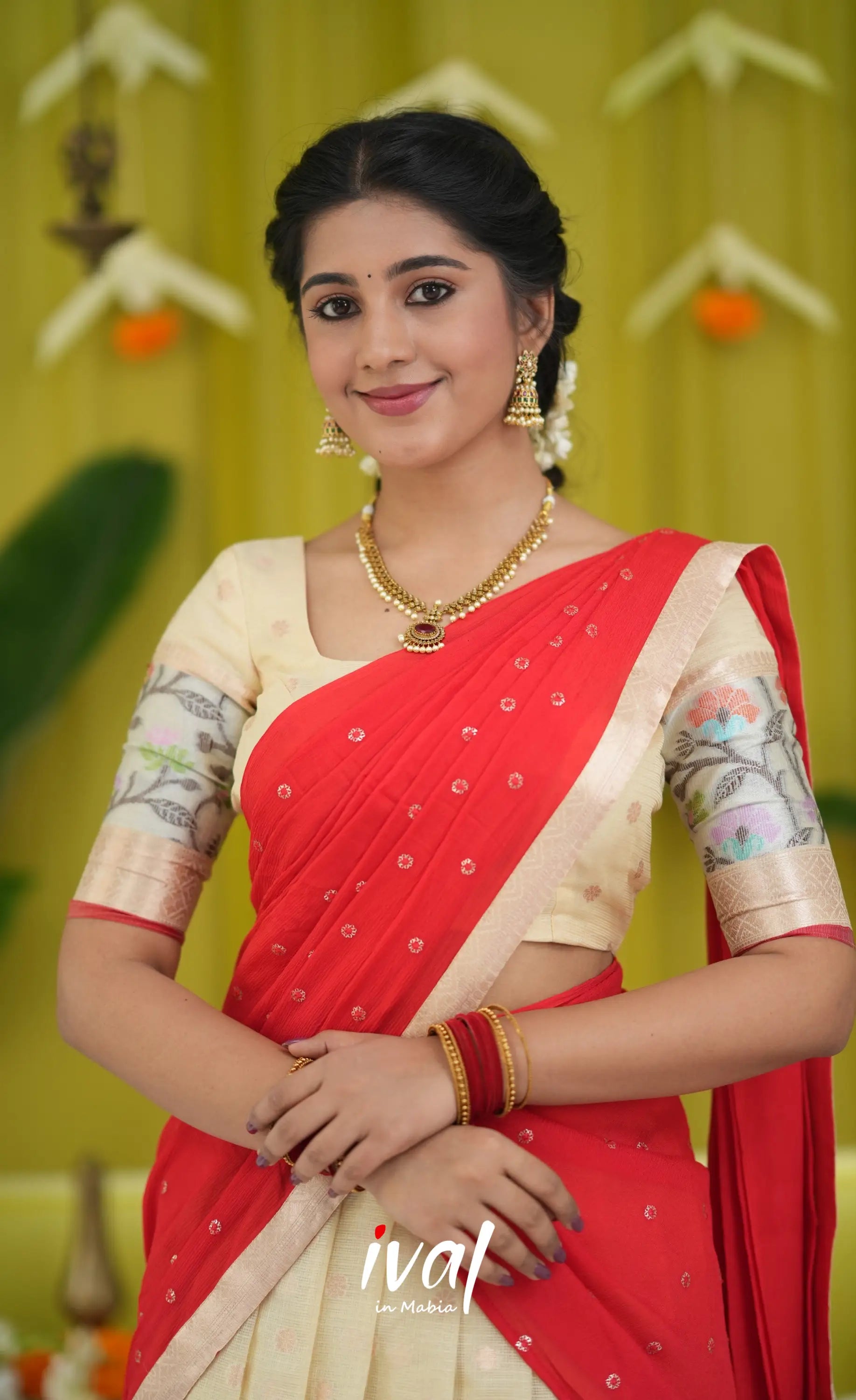 Izhaiyini Organza Halfsaree - Off white and Red Half Sarees