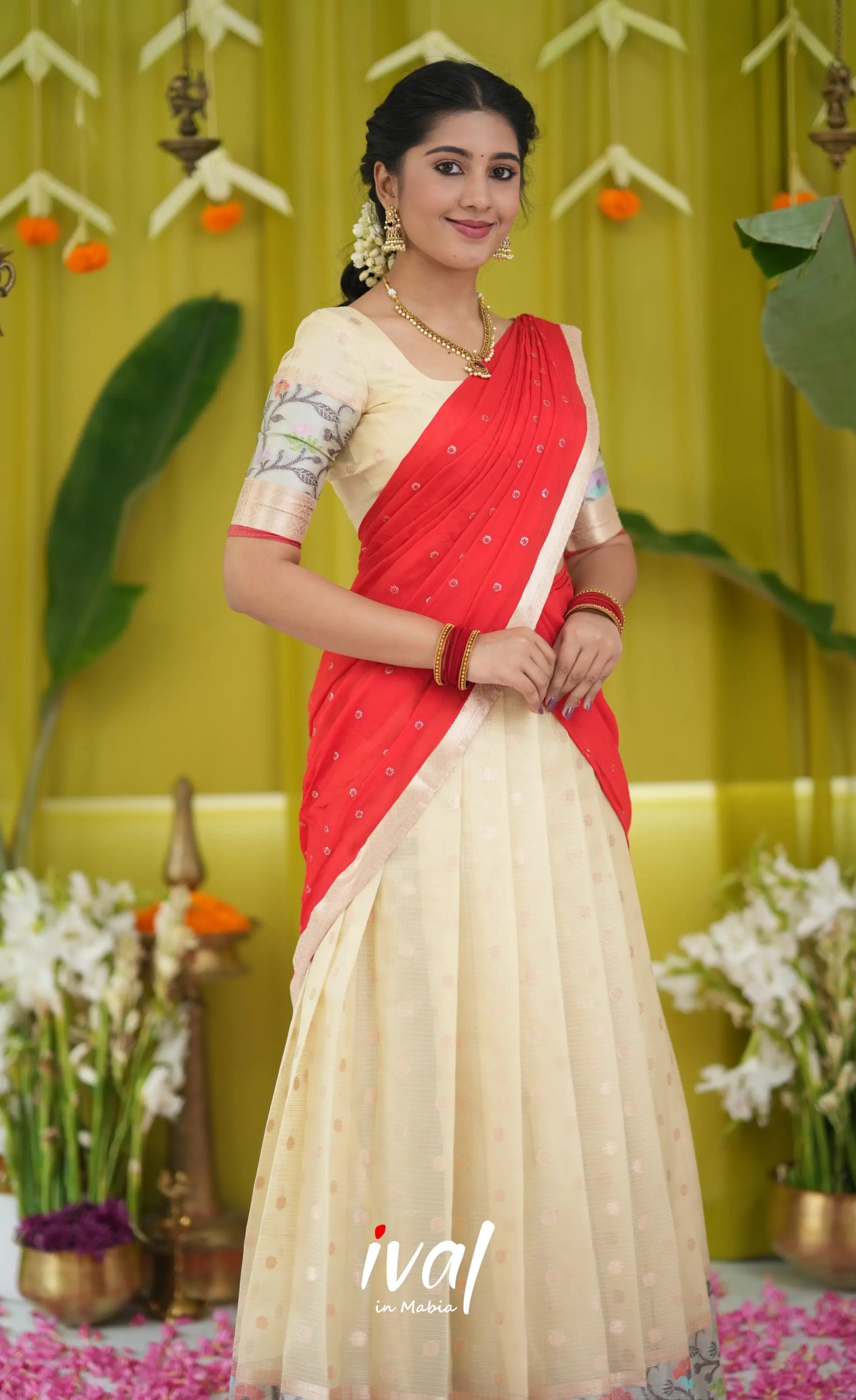 Izhaiyini Organza Halfsaree - Off white and Red Half Sarees