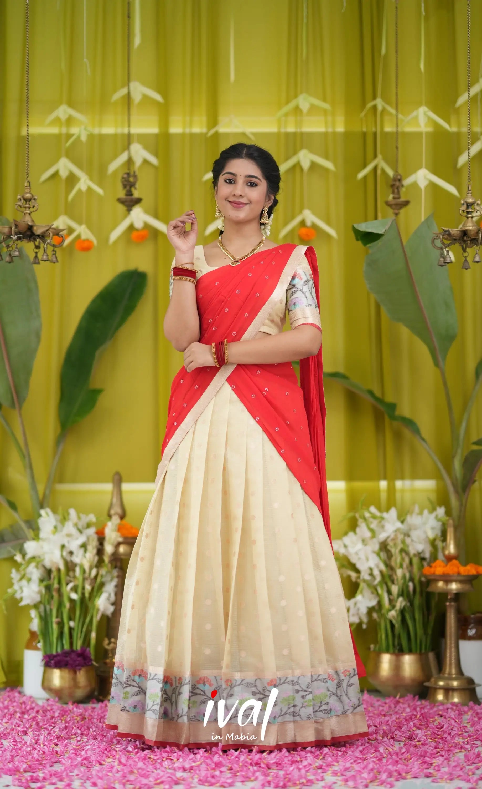 Izhaiyini Organza Halfsaree - Off white and Red Half Sarees