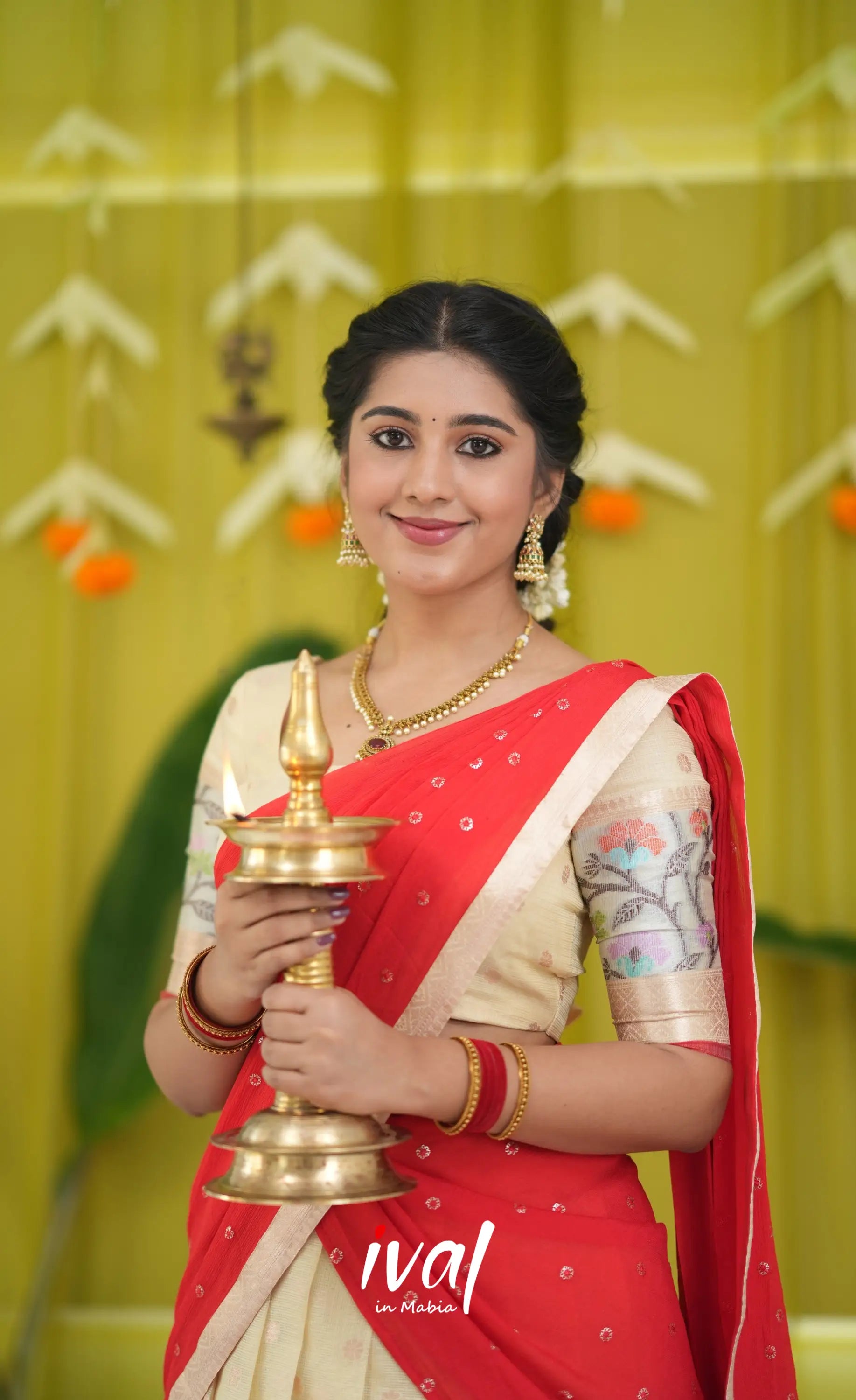 Izhaiyini Organza Halfsaree - Off white and Red Half Sarees