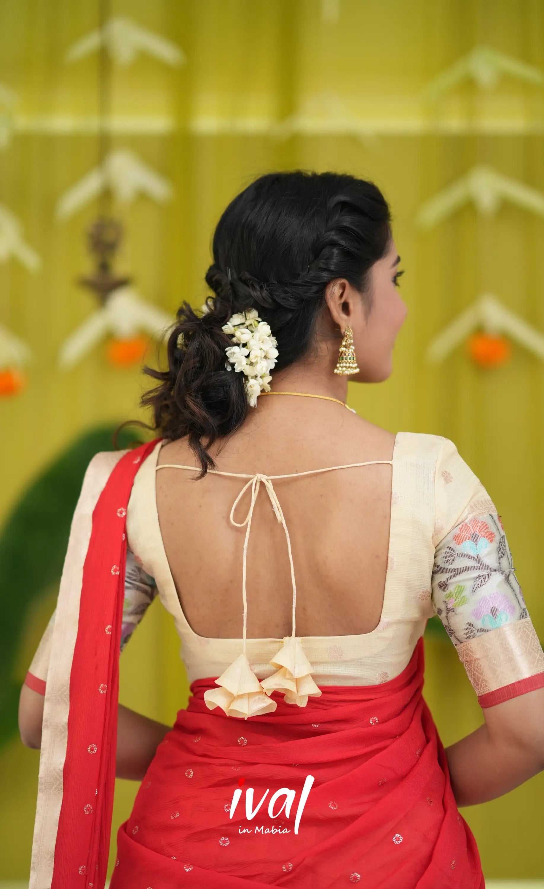 Izhaiyini Organza Halfsaree - Off white and Red Half Sarees