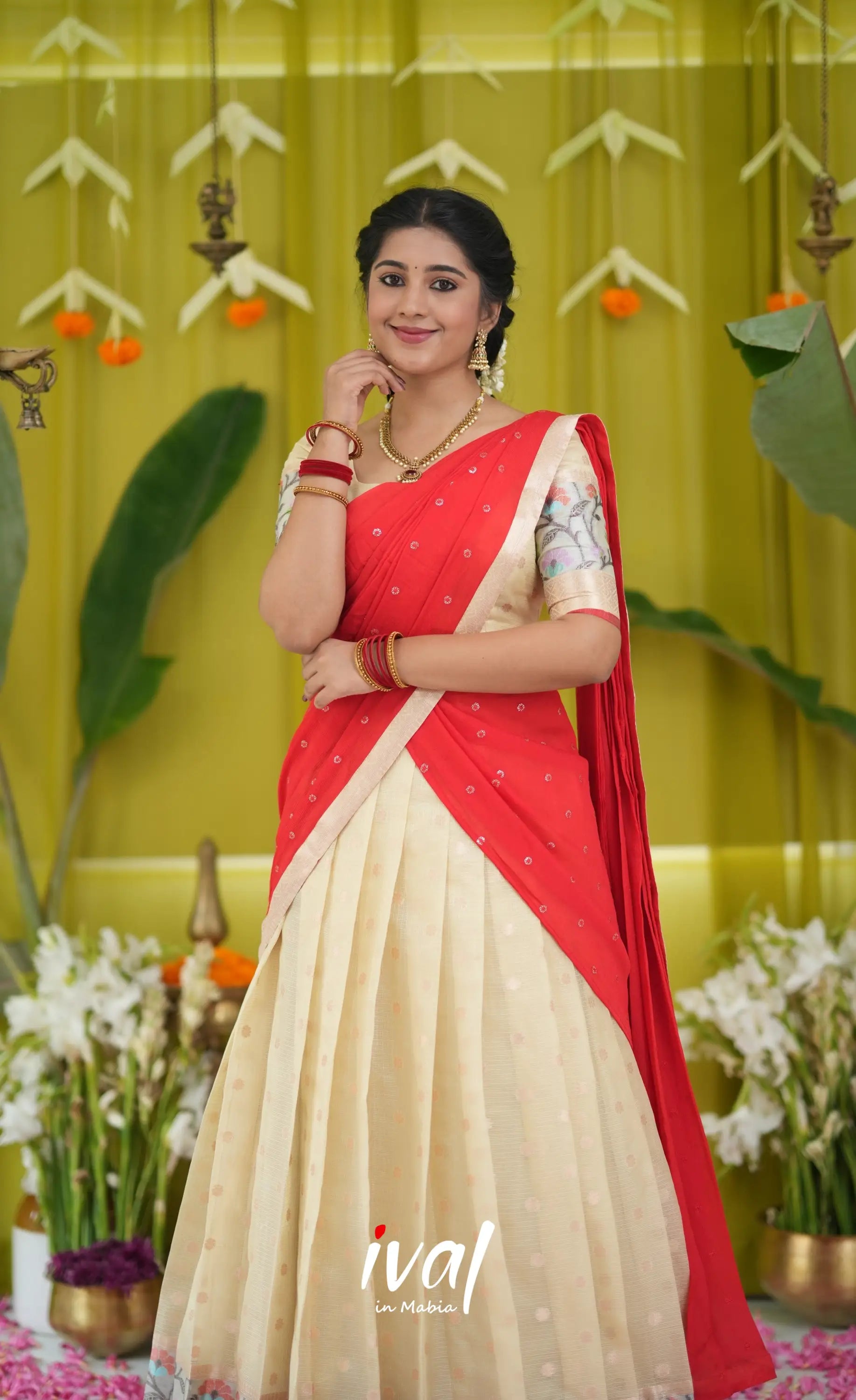 Izhaiyini Organza Halfsaree - Off white and Red Half Sarees