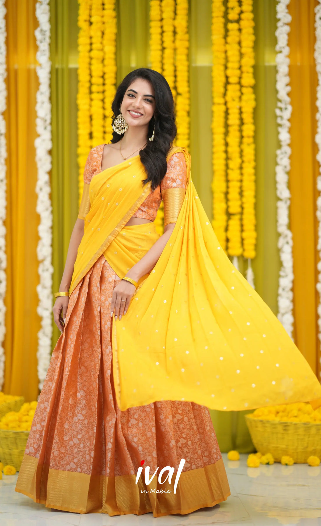 Izhaiyini Organza Halfsaree - Orange and Yellow Half Sarees