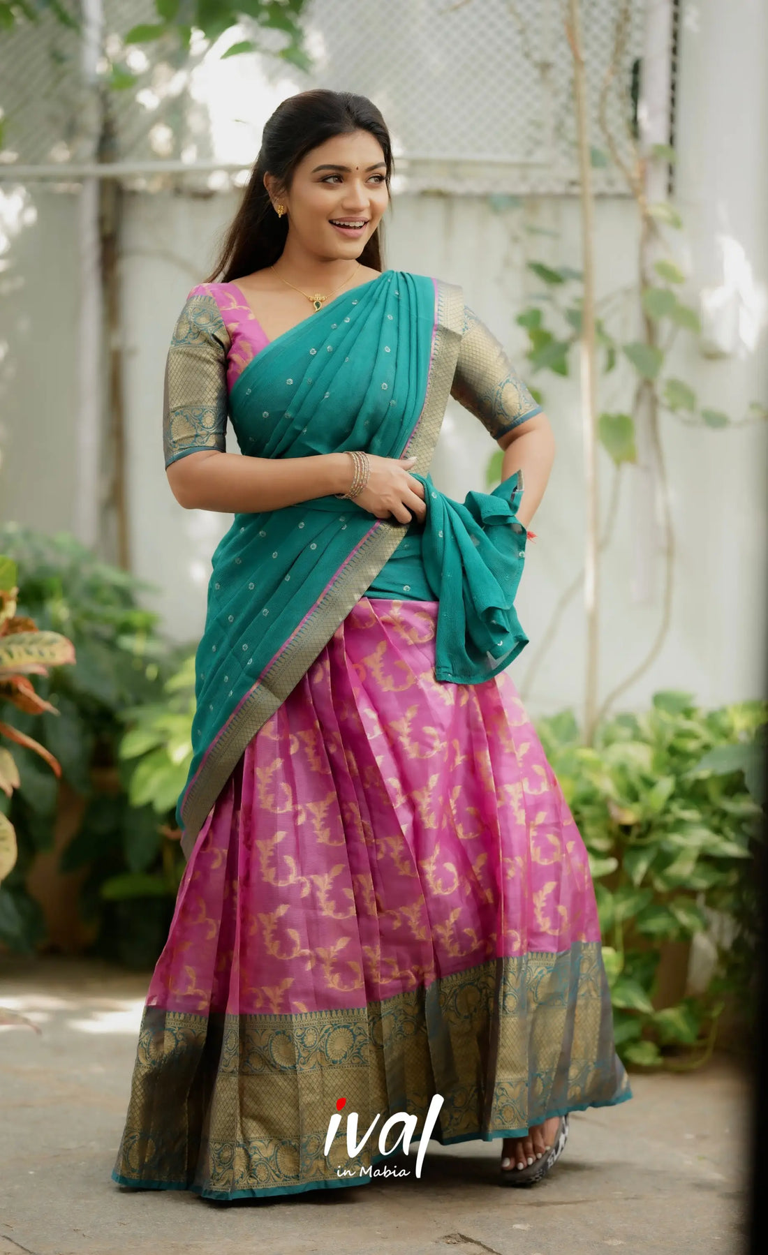 Izhaiyini Organza Halfsaree - Pink and Teal Green Half Sarees