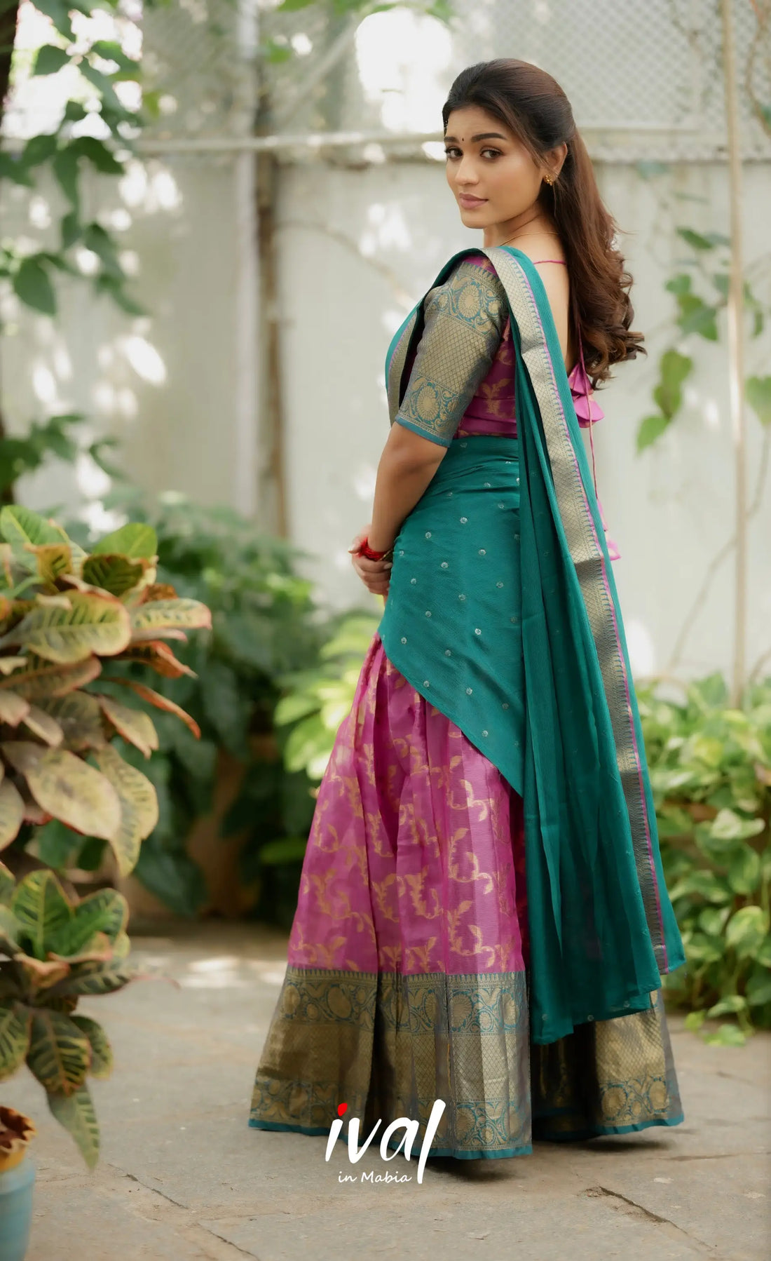 Izhaiyini Organza Halfsaree - Pink and Teal Green Half Sarees