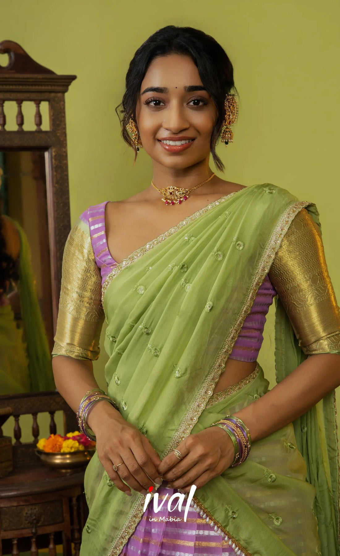 Izhaiyini Organza Halfsaree - Pinkish lavender and Light green - Half Sarees
