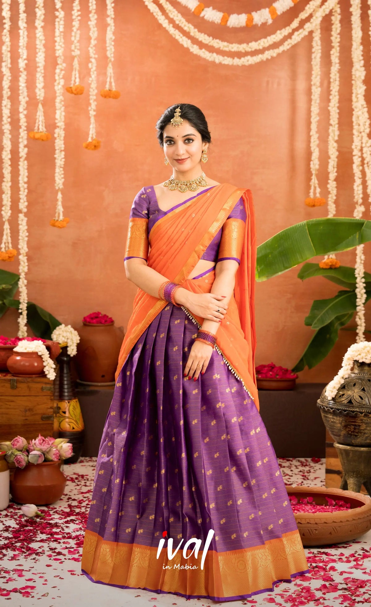 Izhaiyini Organza Halfsaree - Purple and Orange - Half Sarees