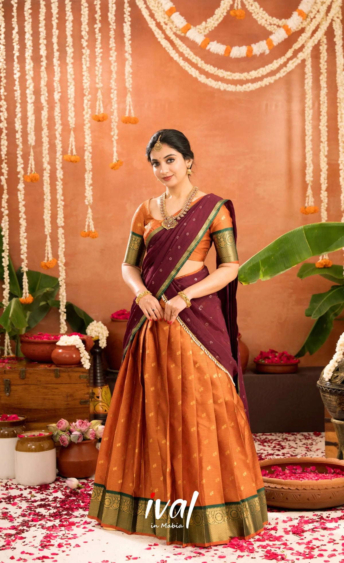 Izhaiyini Organza Halfsaree - Rust Orange and Dark maroonish wine - Half Sarees