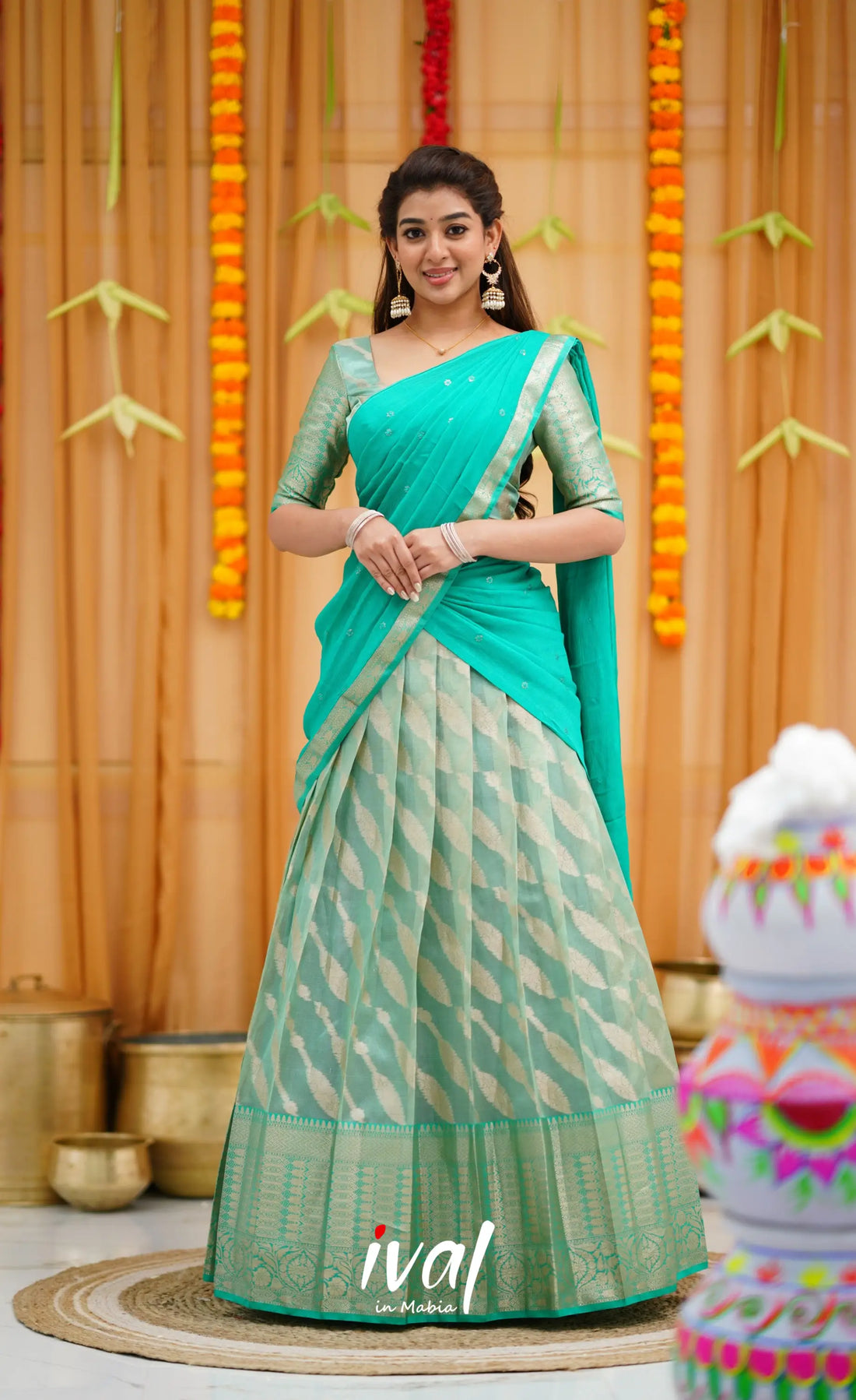Izhaiyini Organza Halfsaree - Sea Green and Teal Green Half Sarees