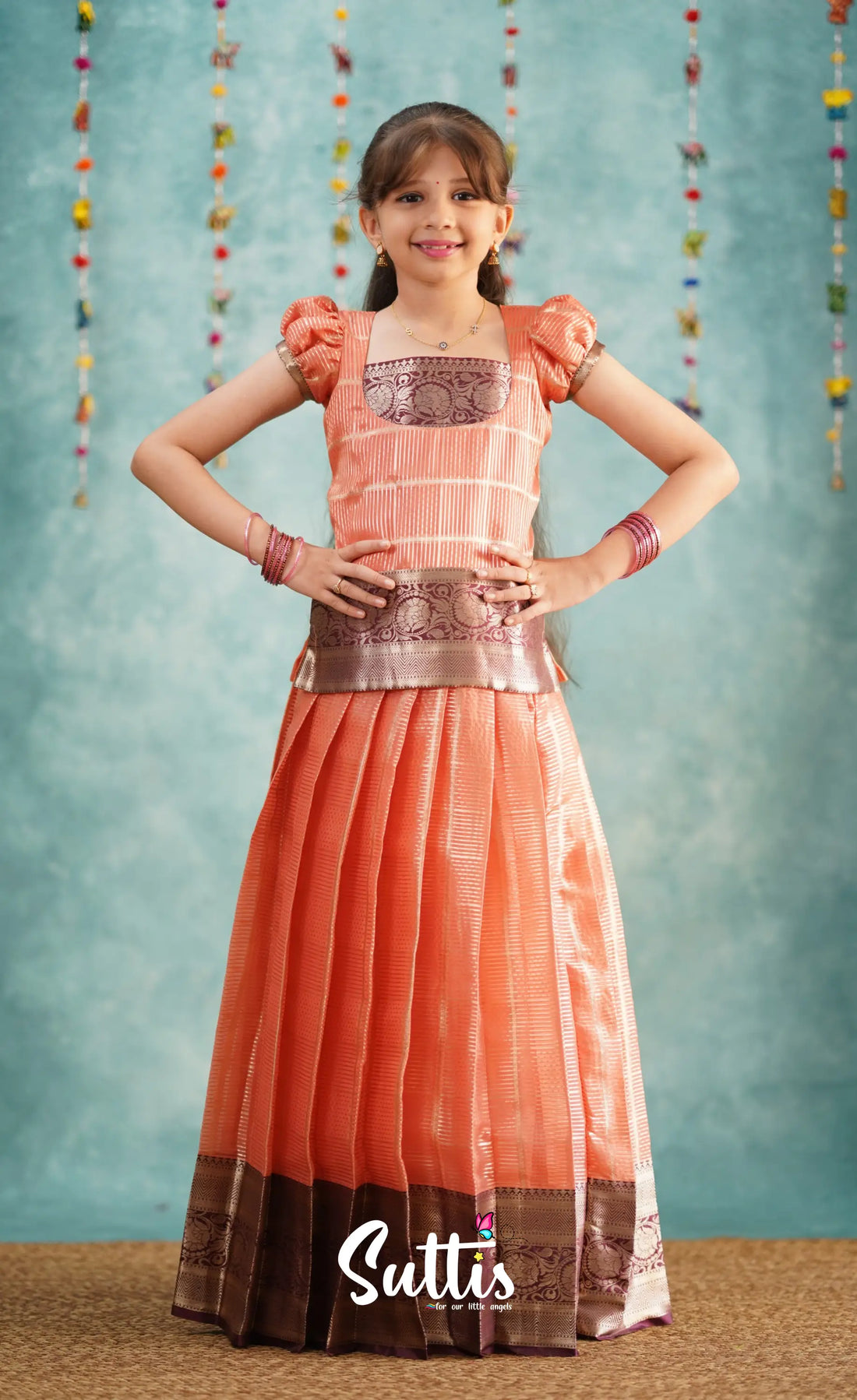 Izhaiyini Peach Shade And Dark Maroon Tone Organza Pavadai Sattai Kids-Suttis