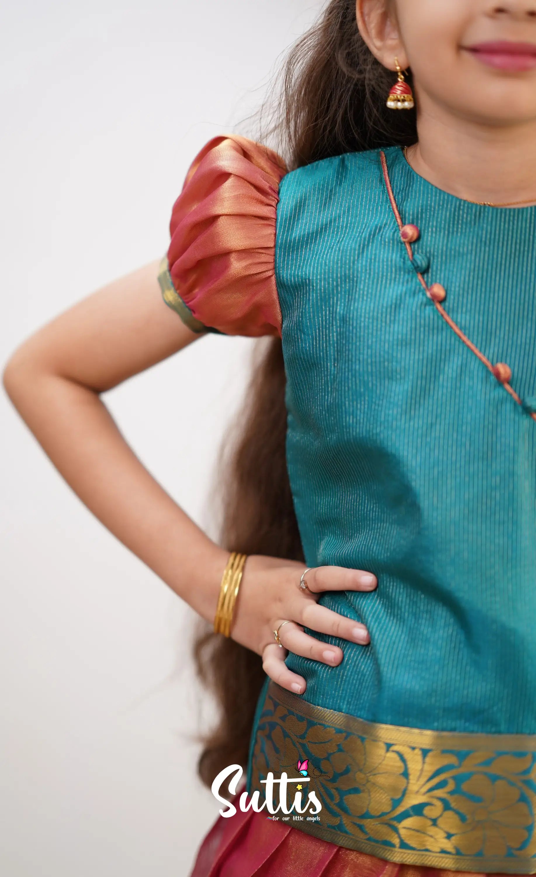Izhaiyini - Peachish Pink Shade And Teal Blue Tone Organza Pavadai Sattai Kids-Suttis
