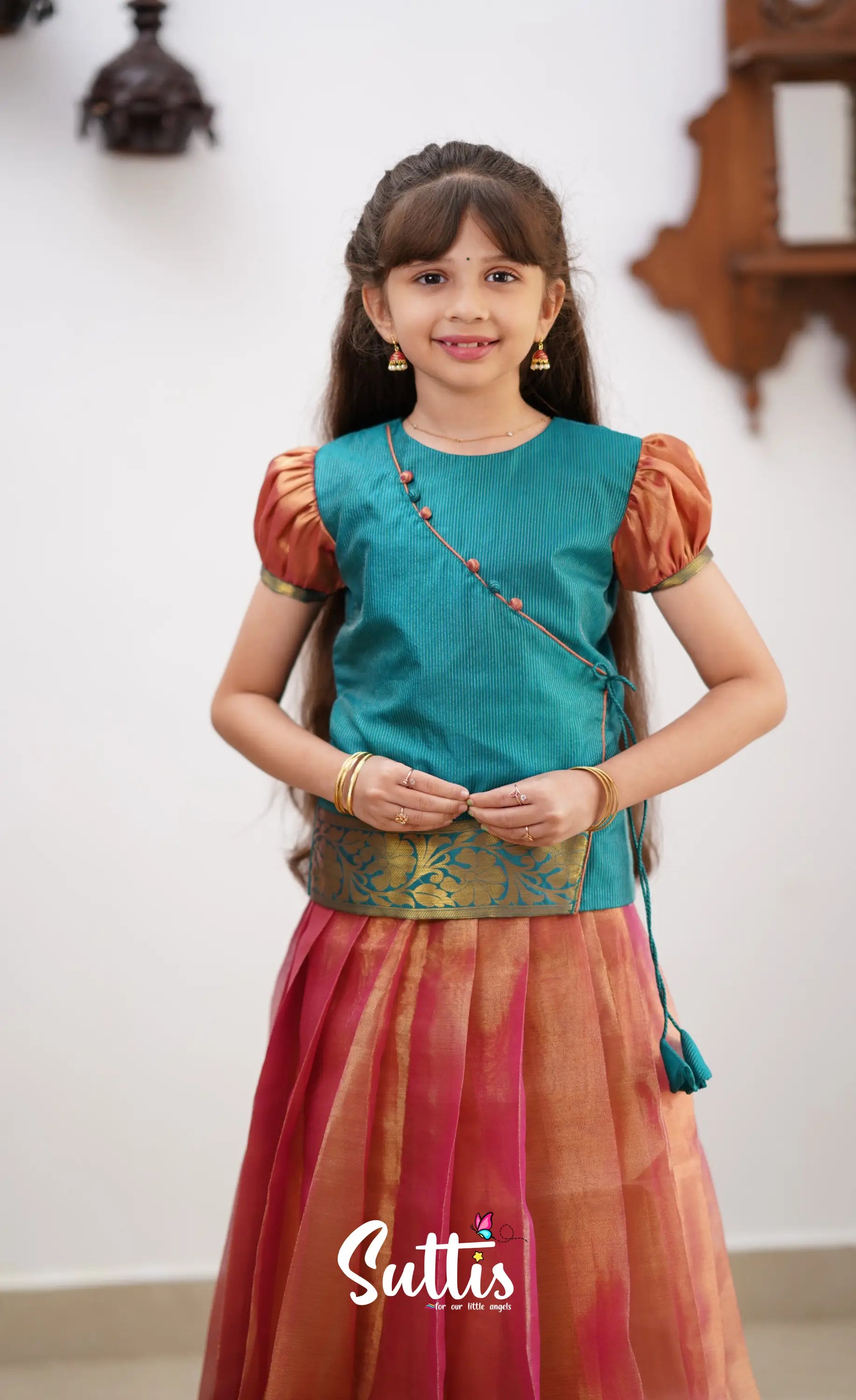 Izhaiyini - Peachish Pink Shade And Teal Blue Tone Organza Pavadai Sattai Kids-Suttis