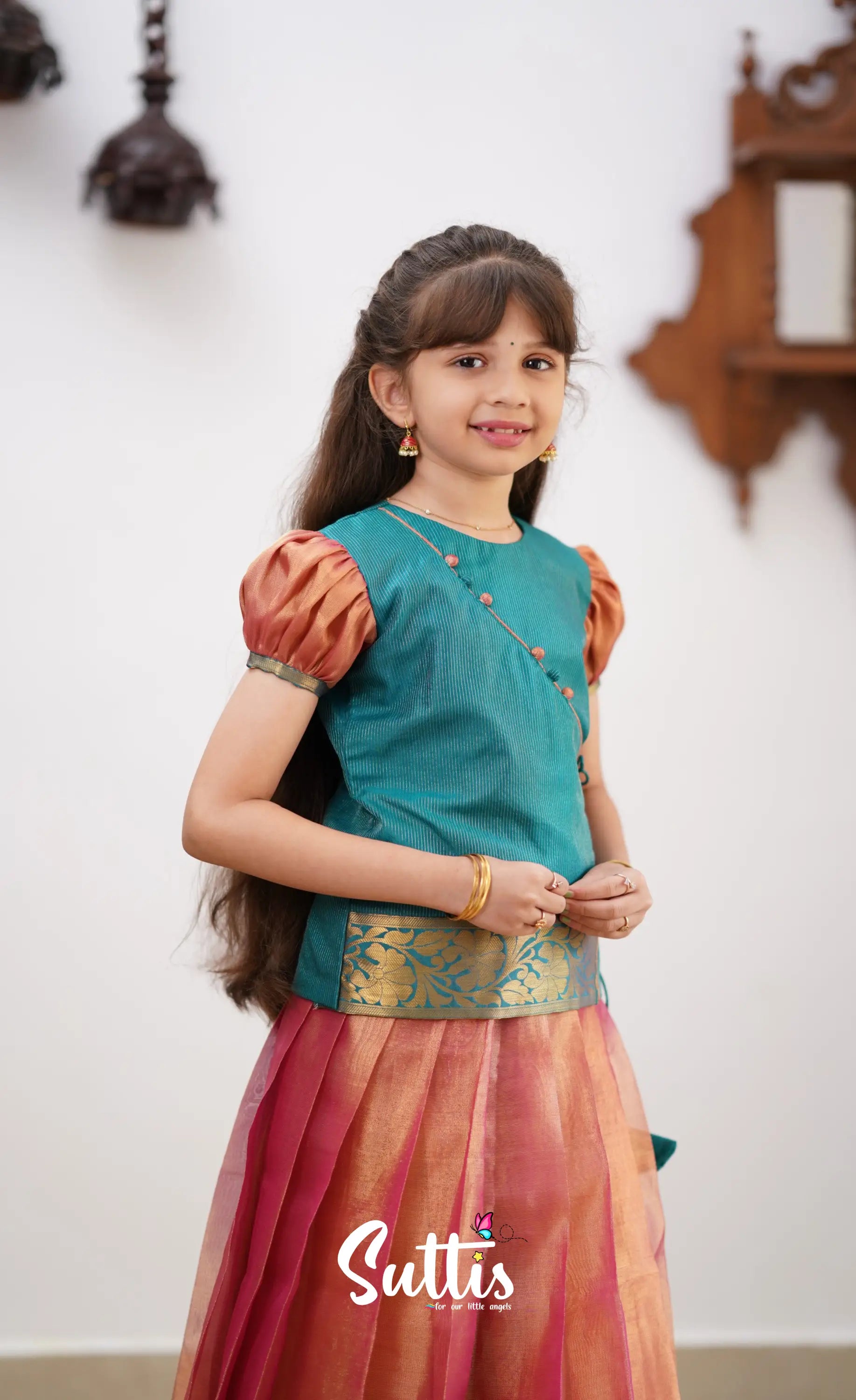 Izhaiyini - Peachish Pink Shade And Teal Blue Tone Organza Pavadai Sattai Kids-Suttis