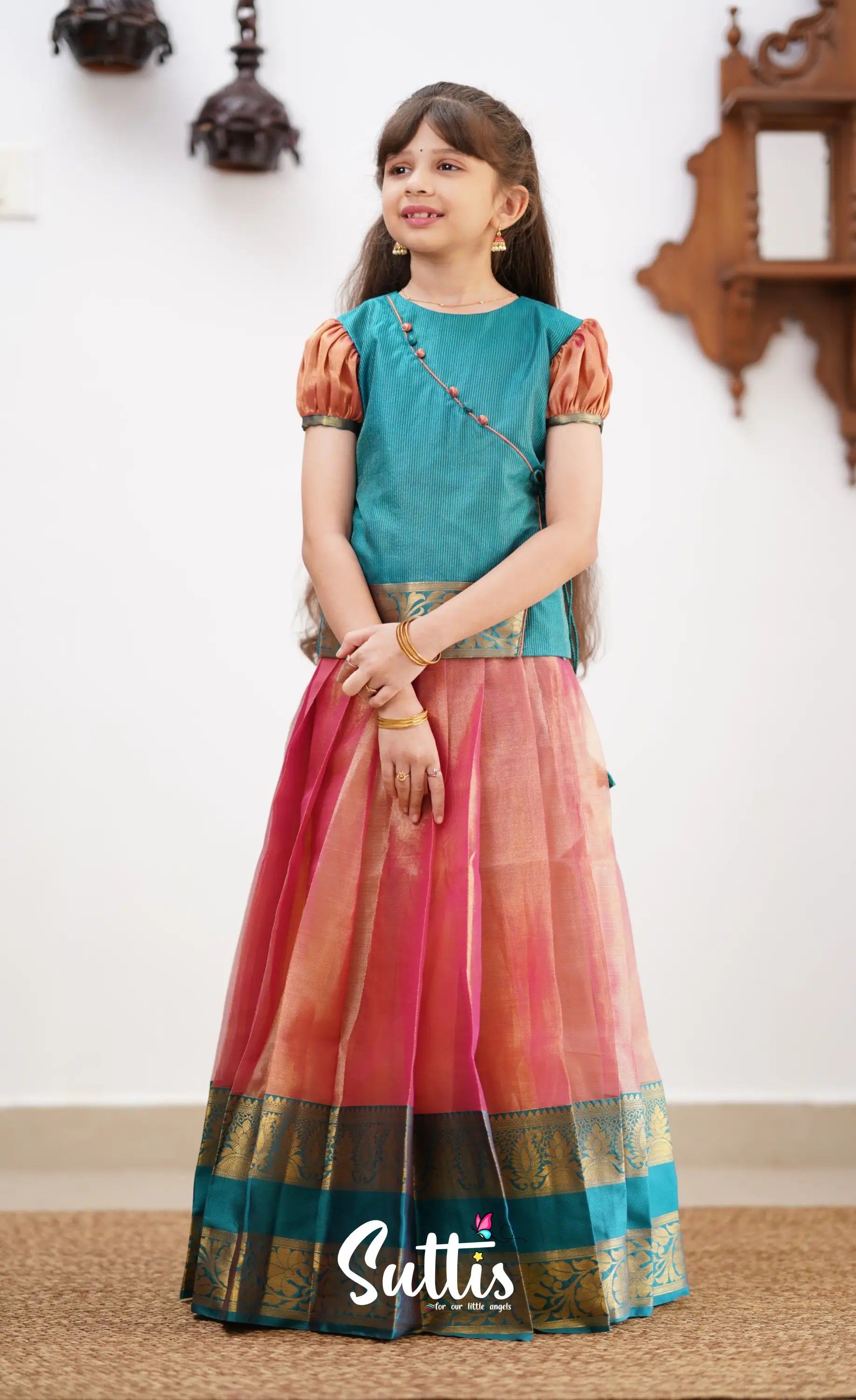 Izhaiyini - Peachish Pink Shade And Teal Blue Tone Organza Pavadai Sattai Kids-Suttis