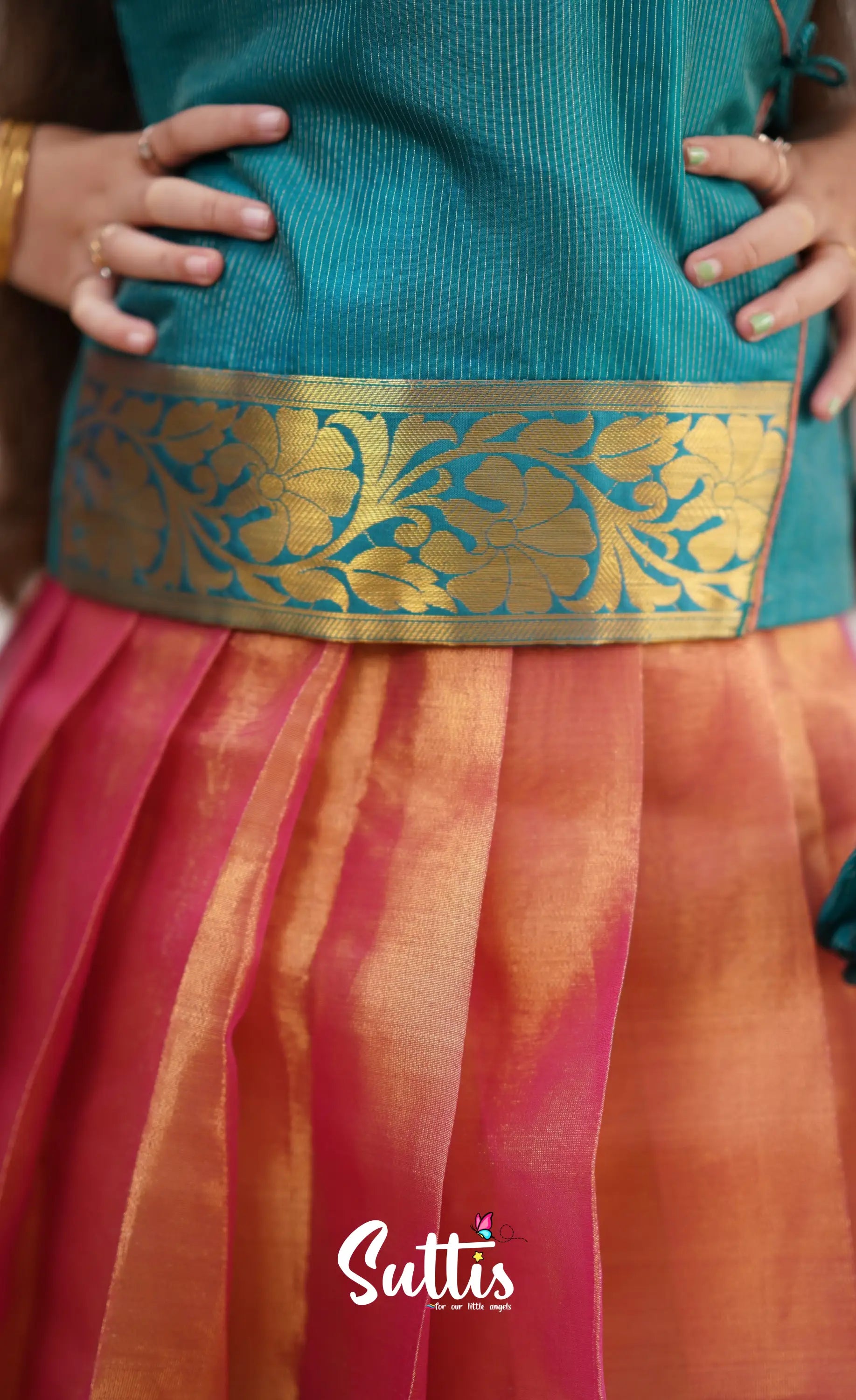 Izhaiyini - Peachish Pink Shade And Teal Blue Tone Organza Pavadai Sattai Kids-Suttis