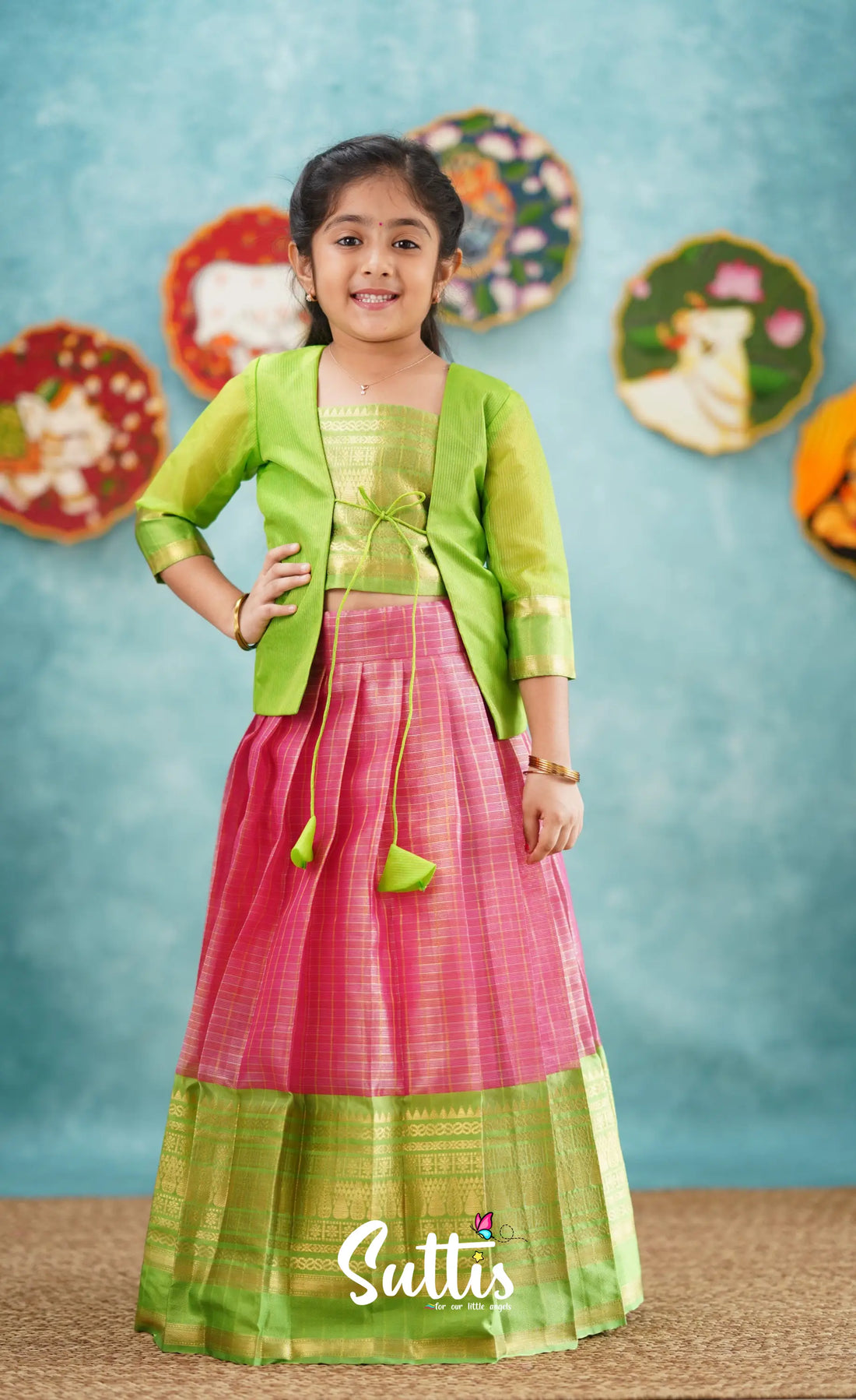 Izhaiyini-Pink And Light Green Organza Top Skirt Kids-Suttis