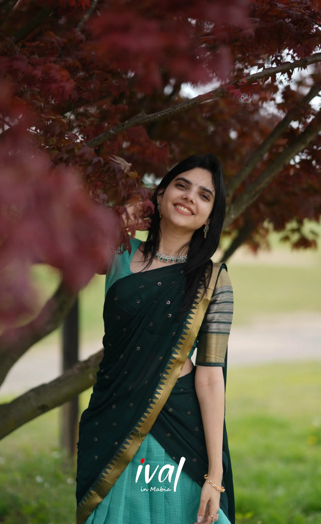 Izhaiyini - Shade of Teal Green and Dark Green tone Organza Halfsaree Half Sarees