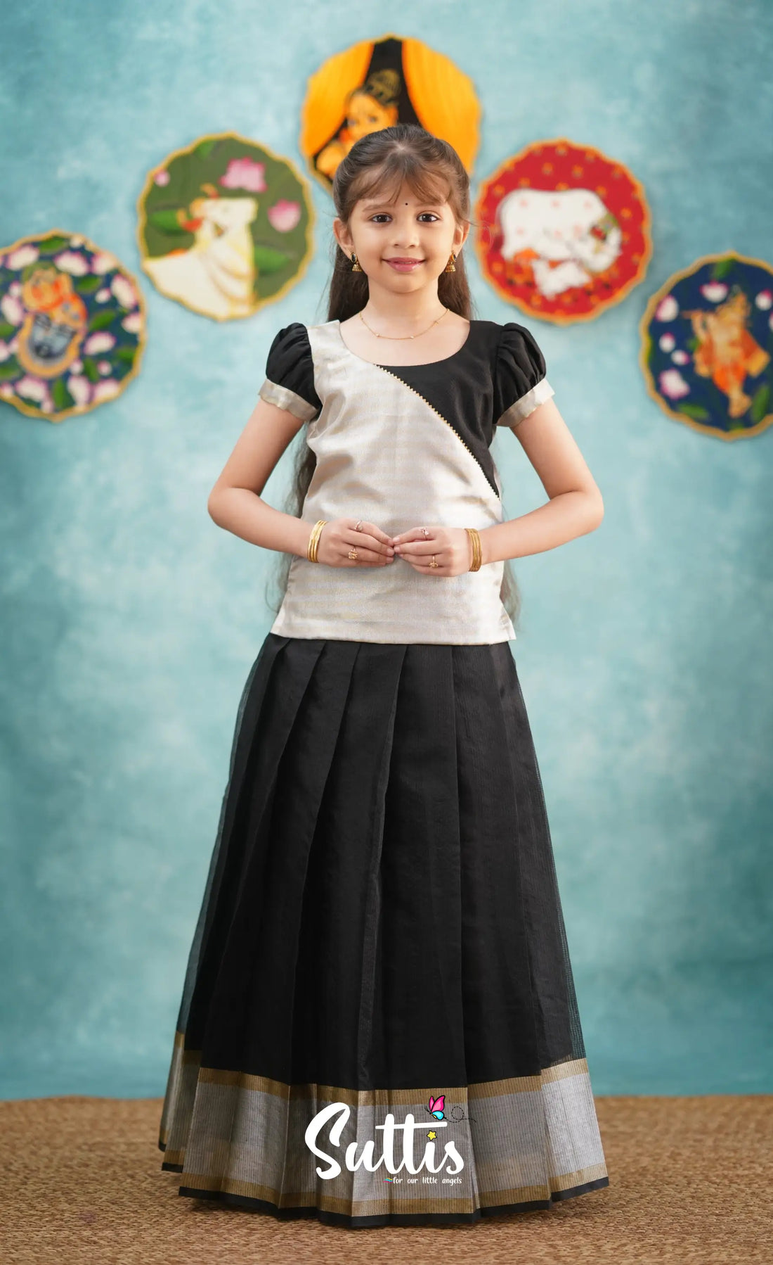 Izhaiyini - Tone Of Black And Silver Tissue Organza Pavadai Sattai Kids-Suttis