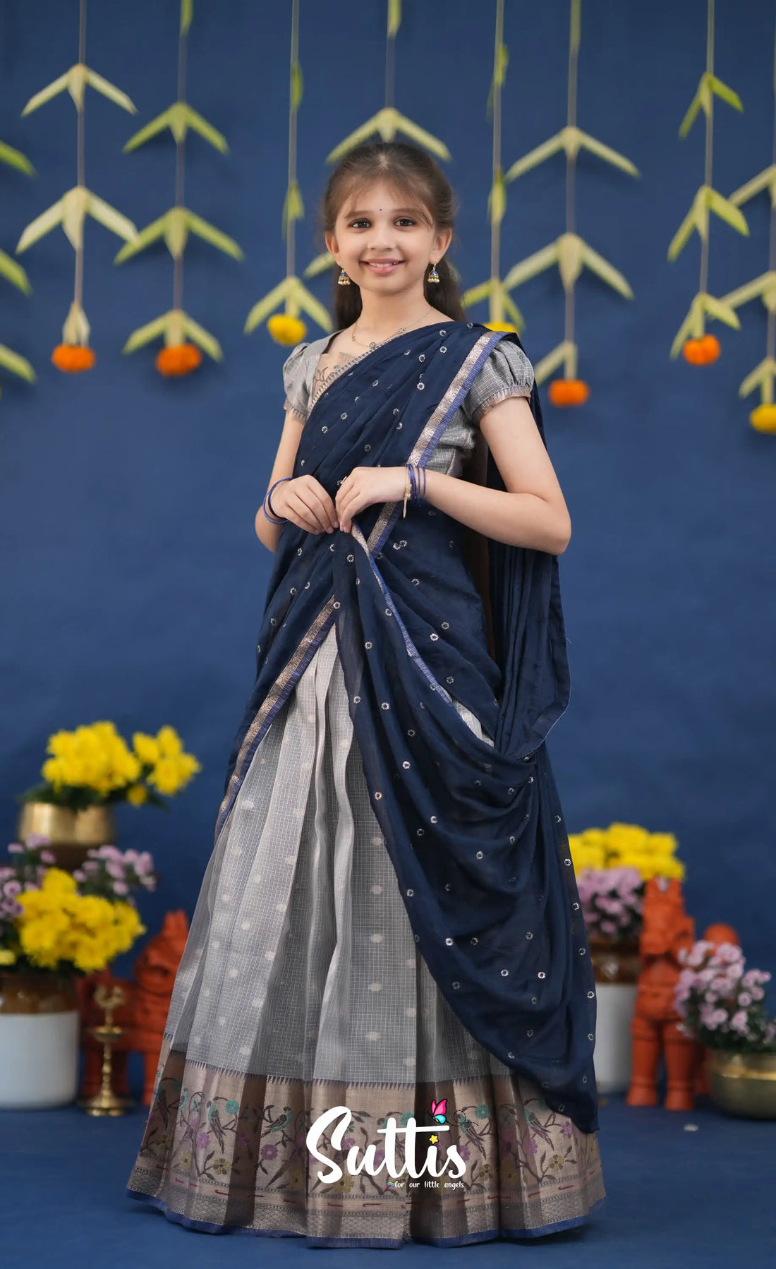 Kumaari Ash and Navy Blue Paithani Kota Halfsaree Kids-Suttis