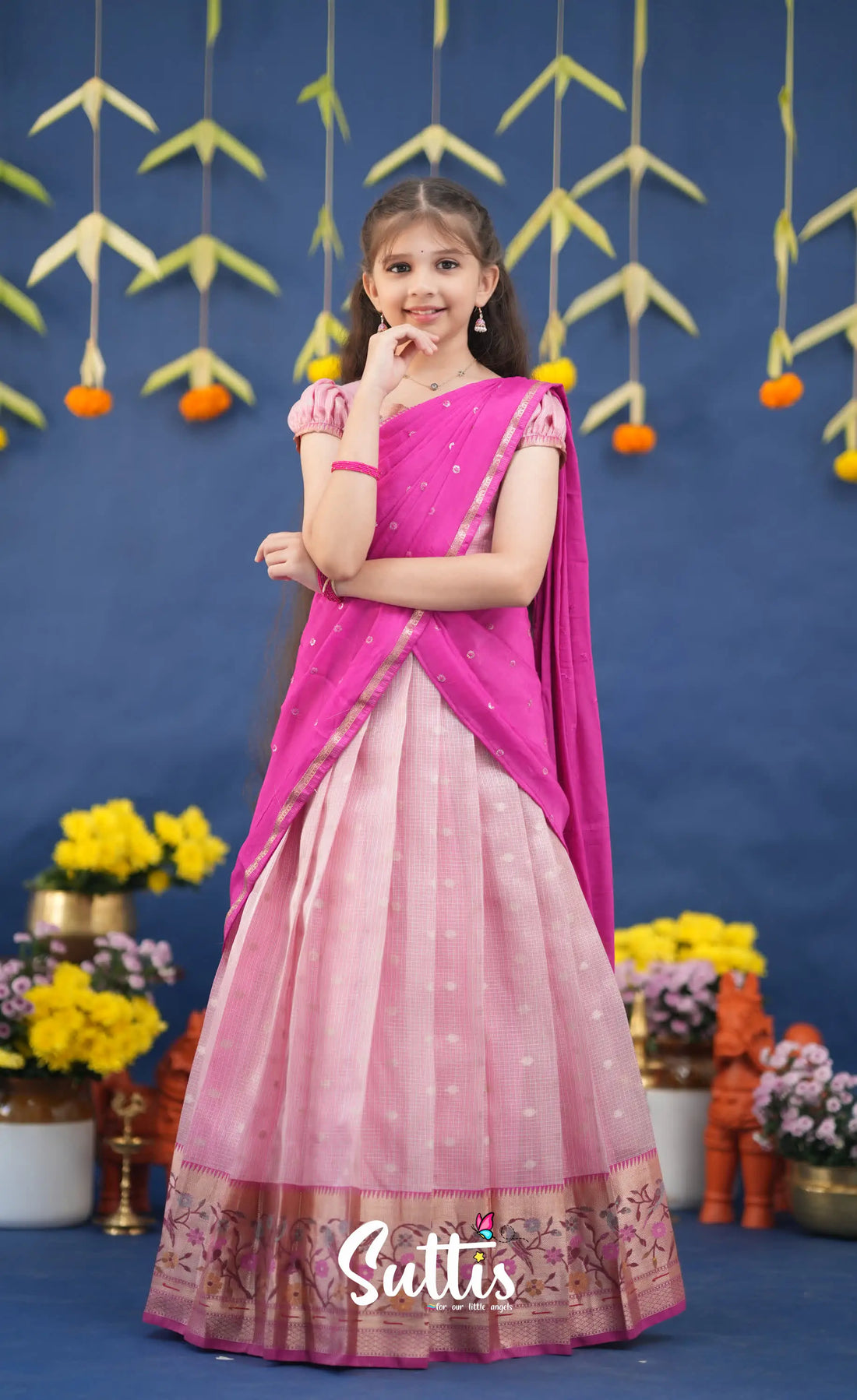 Kumaari Baby Pink and Rani Pink Paithani Kota Halfsaree Kids-Suttis