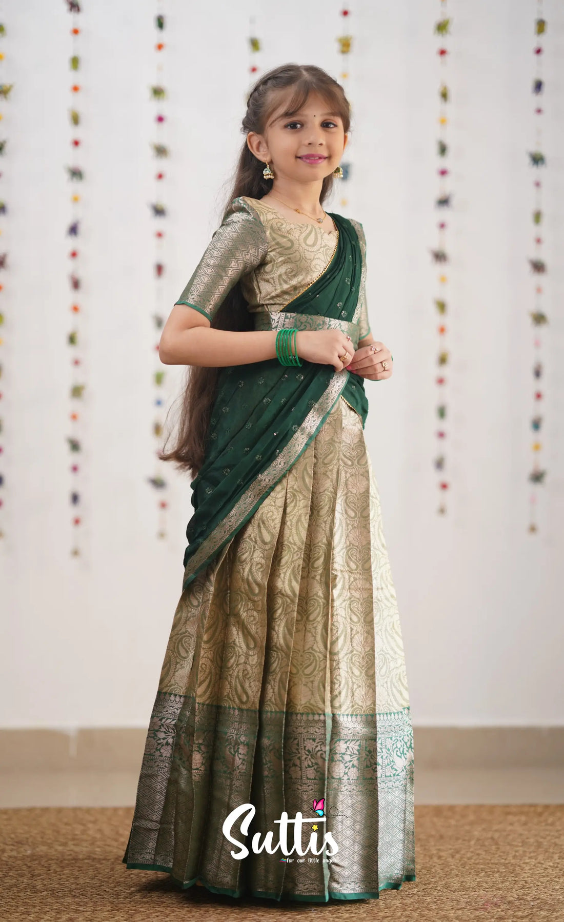 Kumaari- Bottle Green Organza Halfsaree Kids-Suttis
