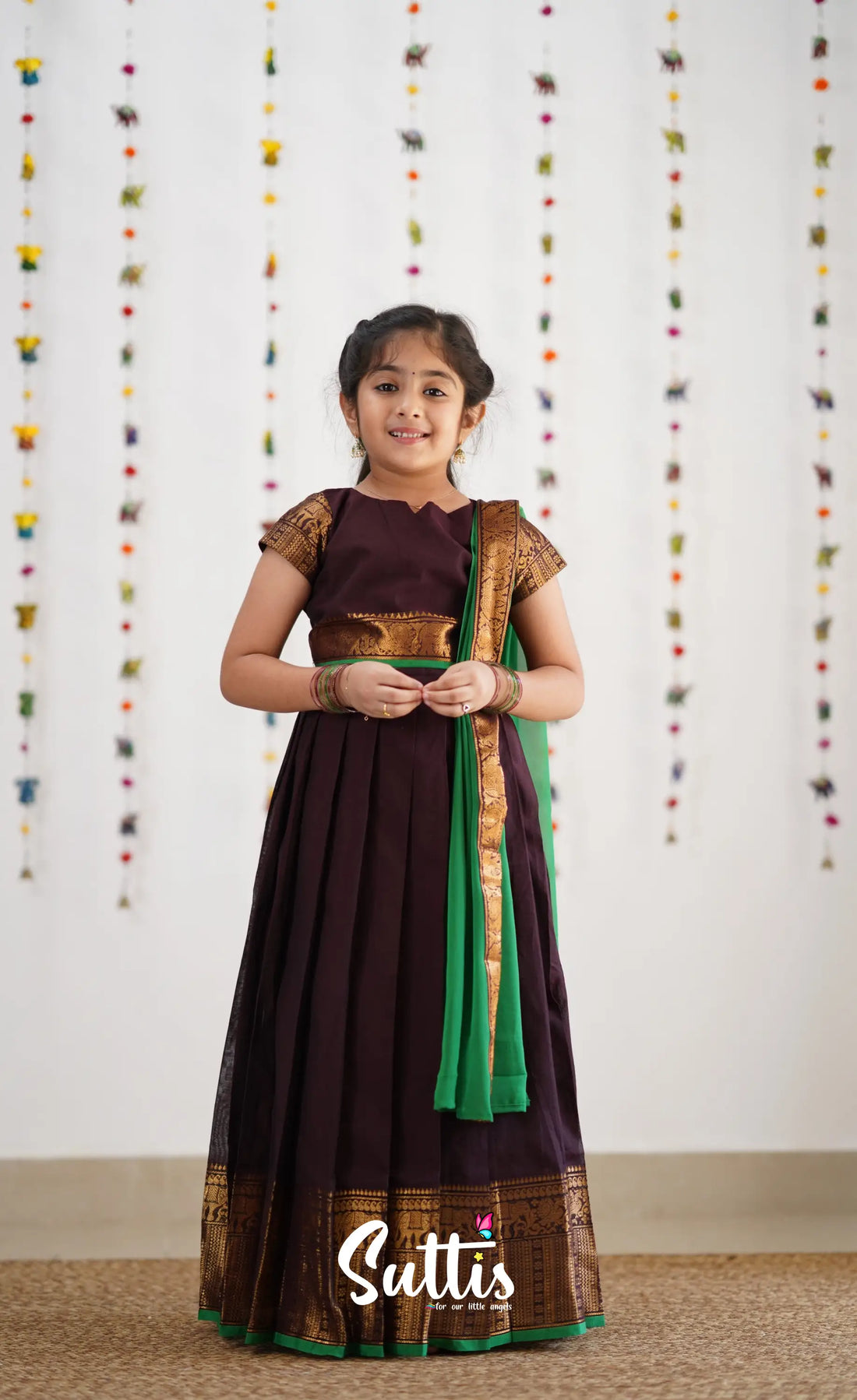Kumaari Half Saree - Dark Brown & Green Kids-Suttis