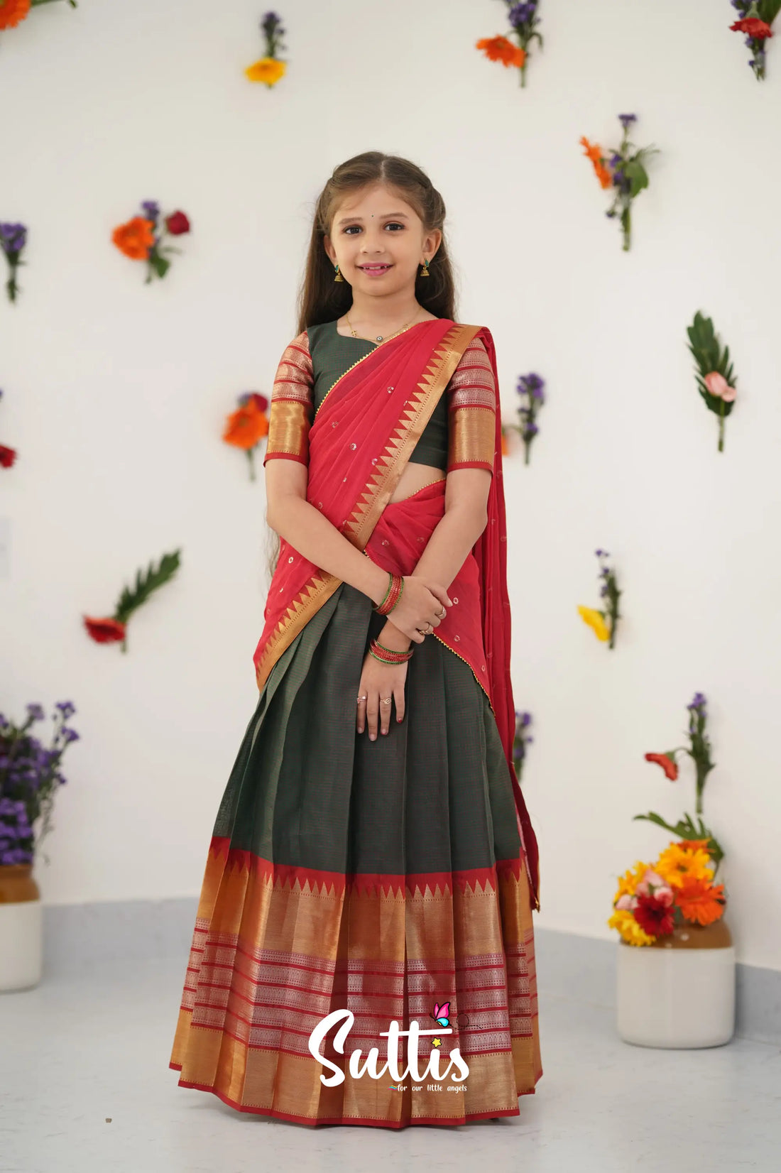Kumaari Half Saree - Dark Manthalir Green And Red Kids - Suttis