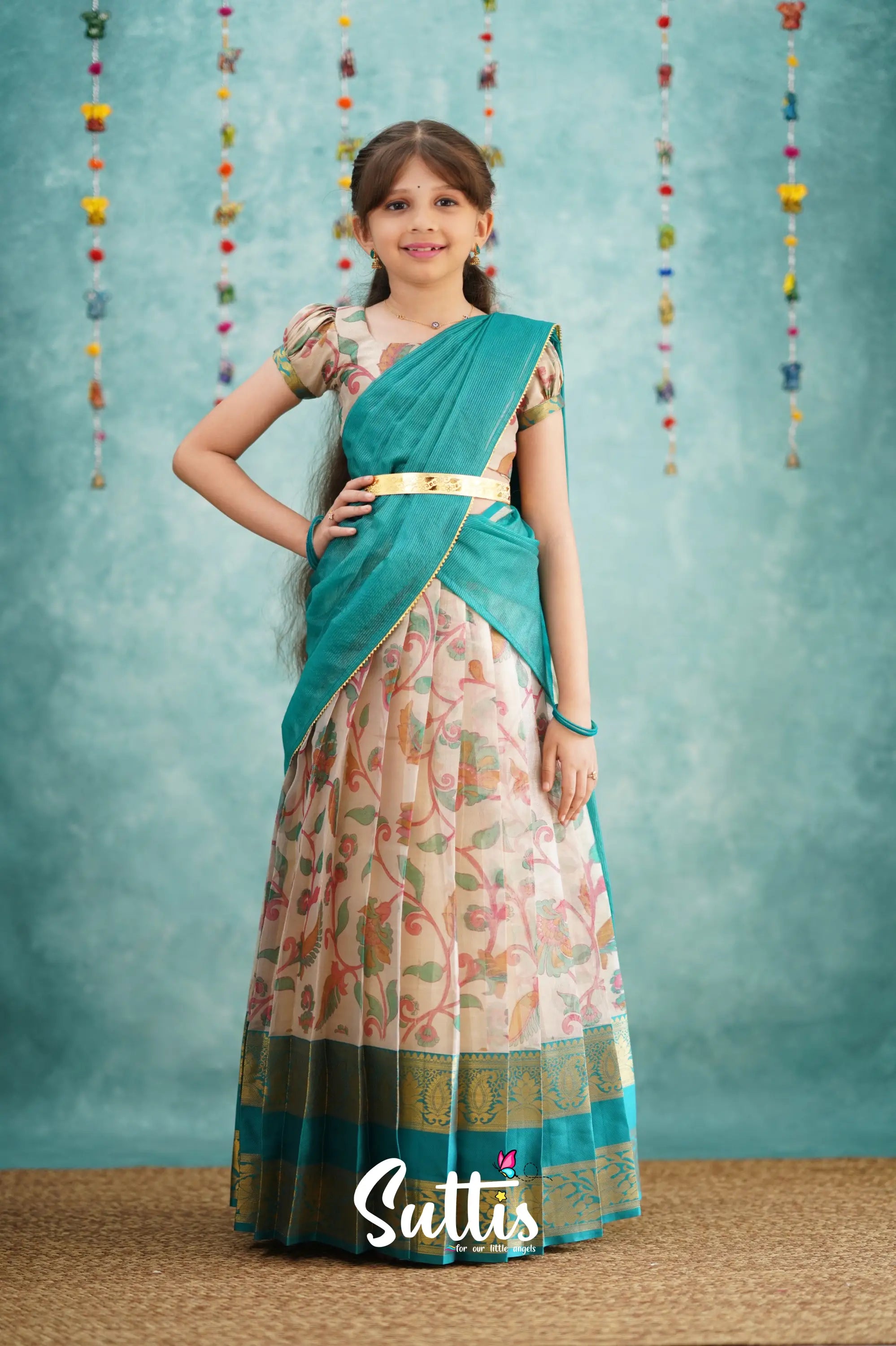 Kumaari Half Saree - Dark Teal Kids - Suttis