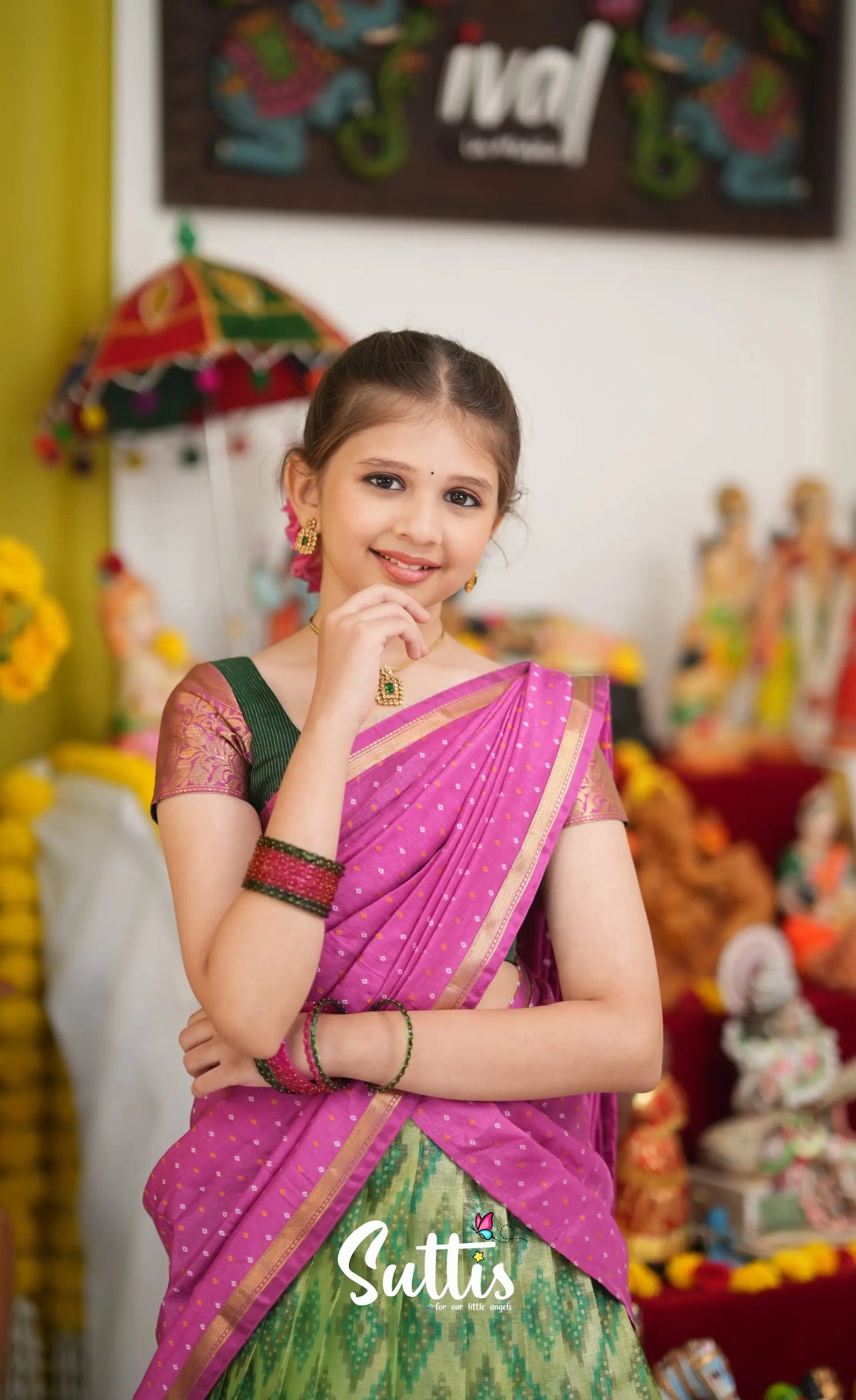 Kumaari Half Saree - Light green and Pink - Kids-Suttis