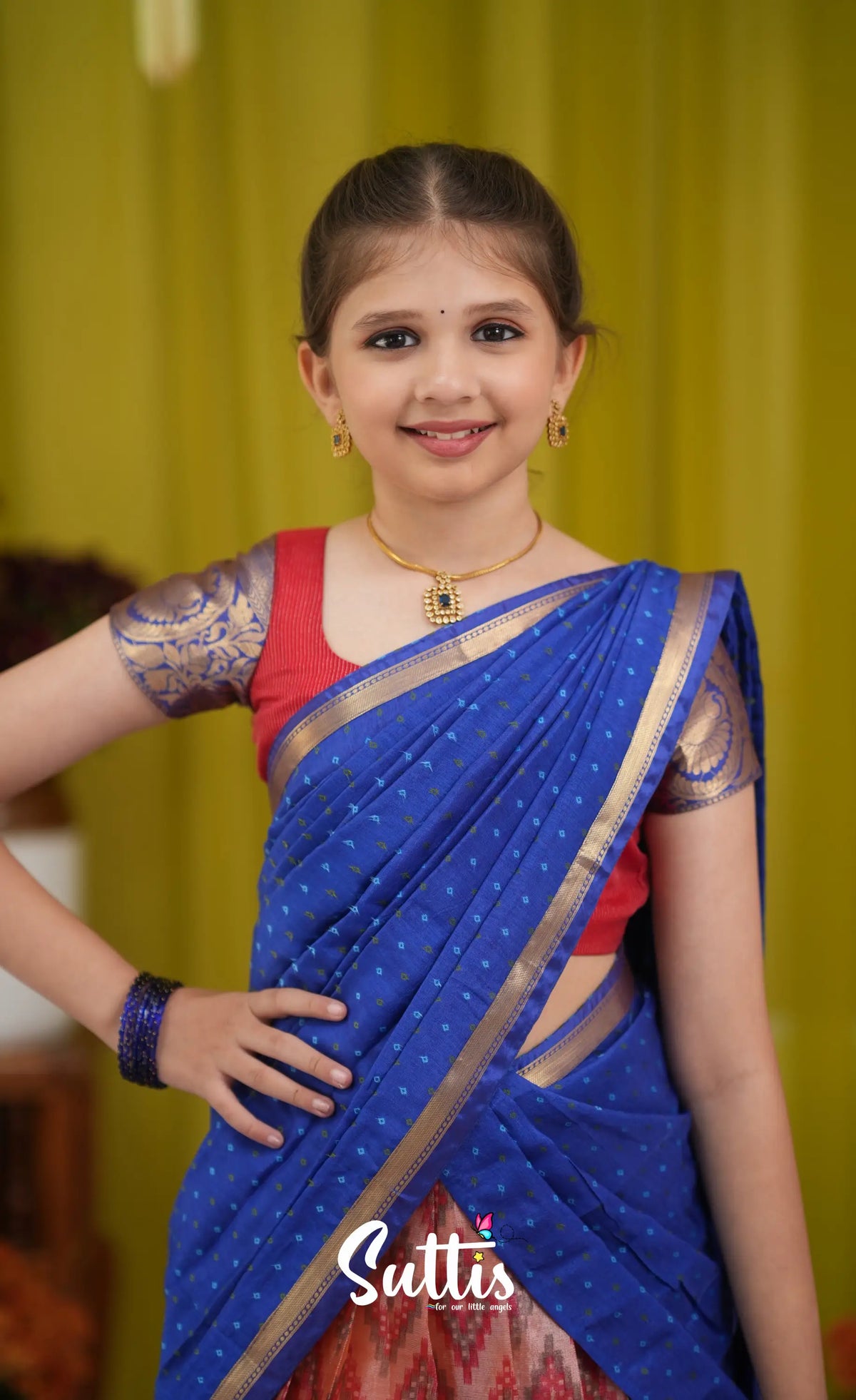Kumaari Half Saree - Orangish red and Dark blue - Kids-Suttis