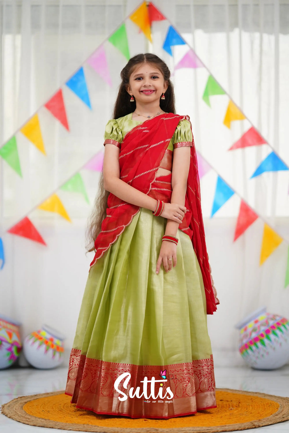 Kumaari Half Saree - Pastel Green And Red Kids-Suttis