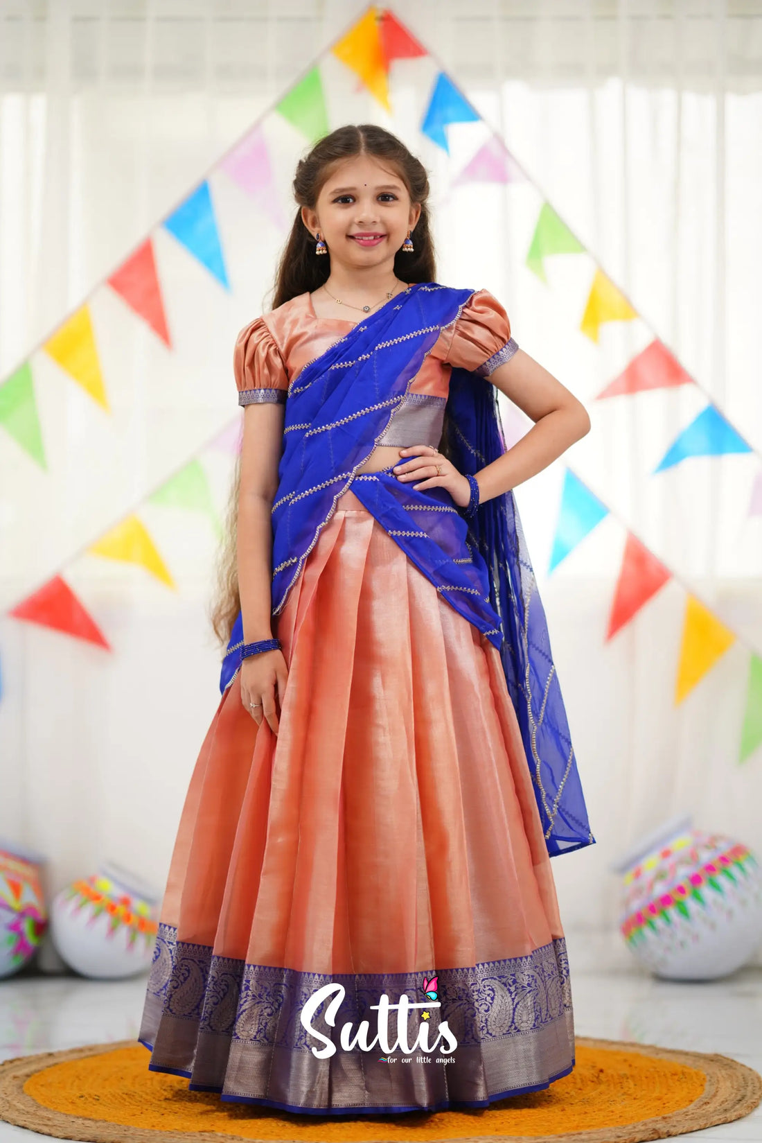 Kumaari Half Saree - Peach And Royal Blue Kids-Suttis