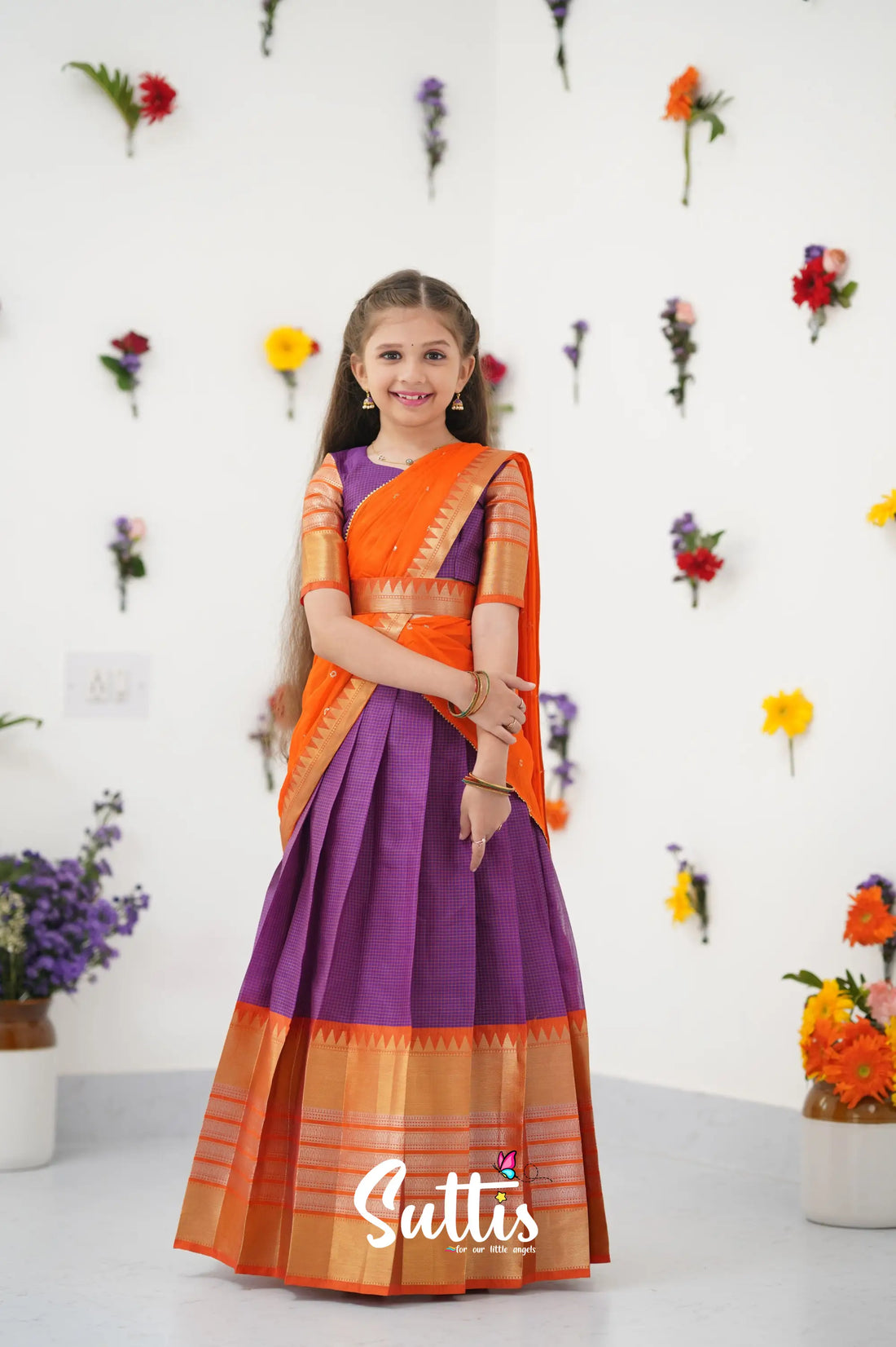 Kumaari Half Saree - Purple And Orange Kids - Suttis