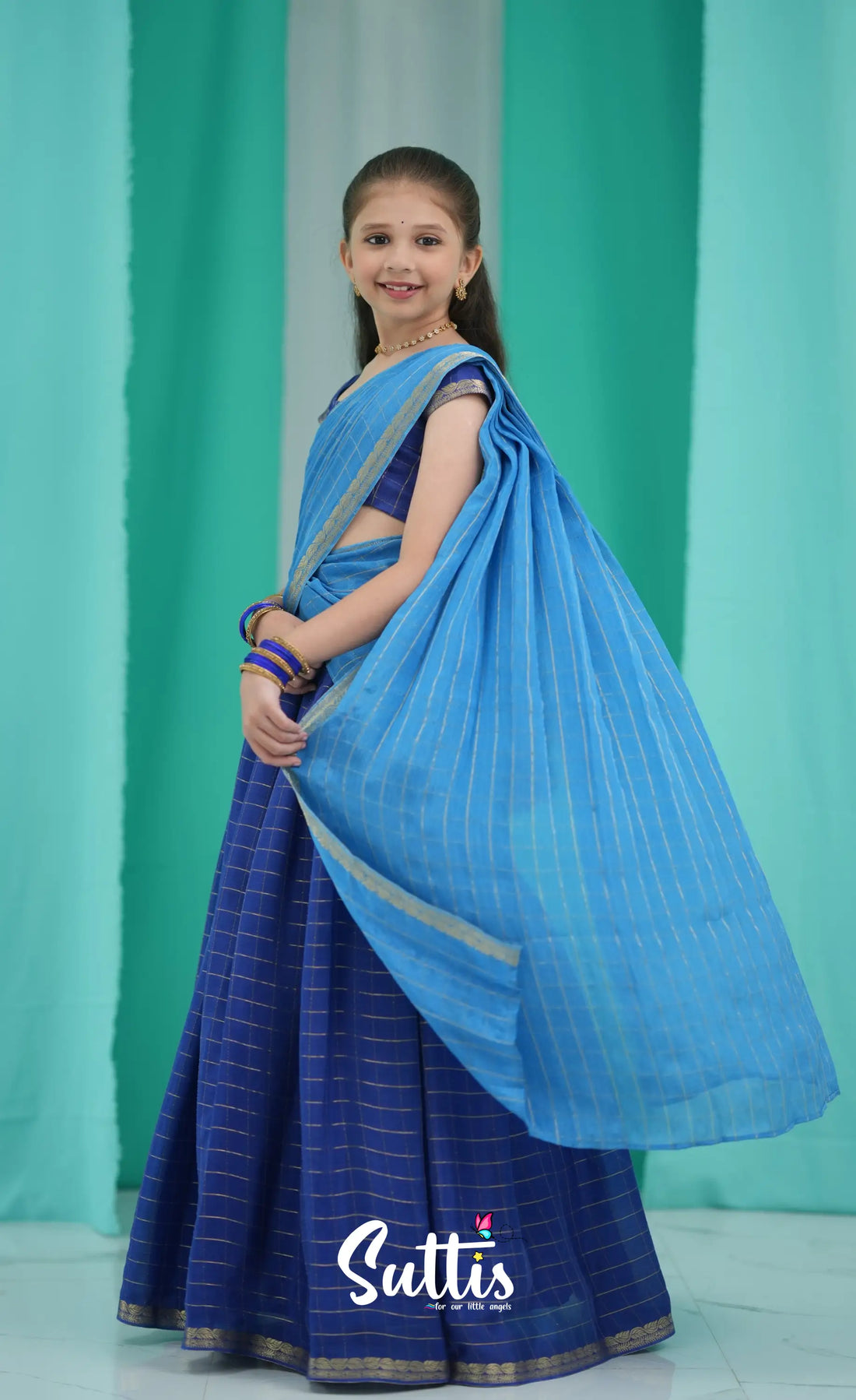 Kumaari Half Saree - Royal Blue and Light Blue Kids-Suttis