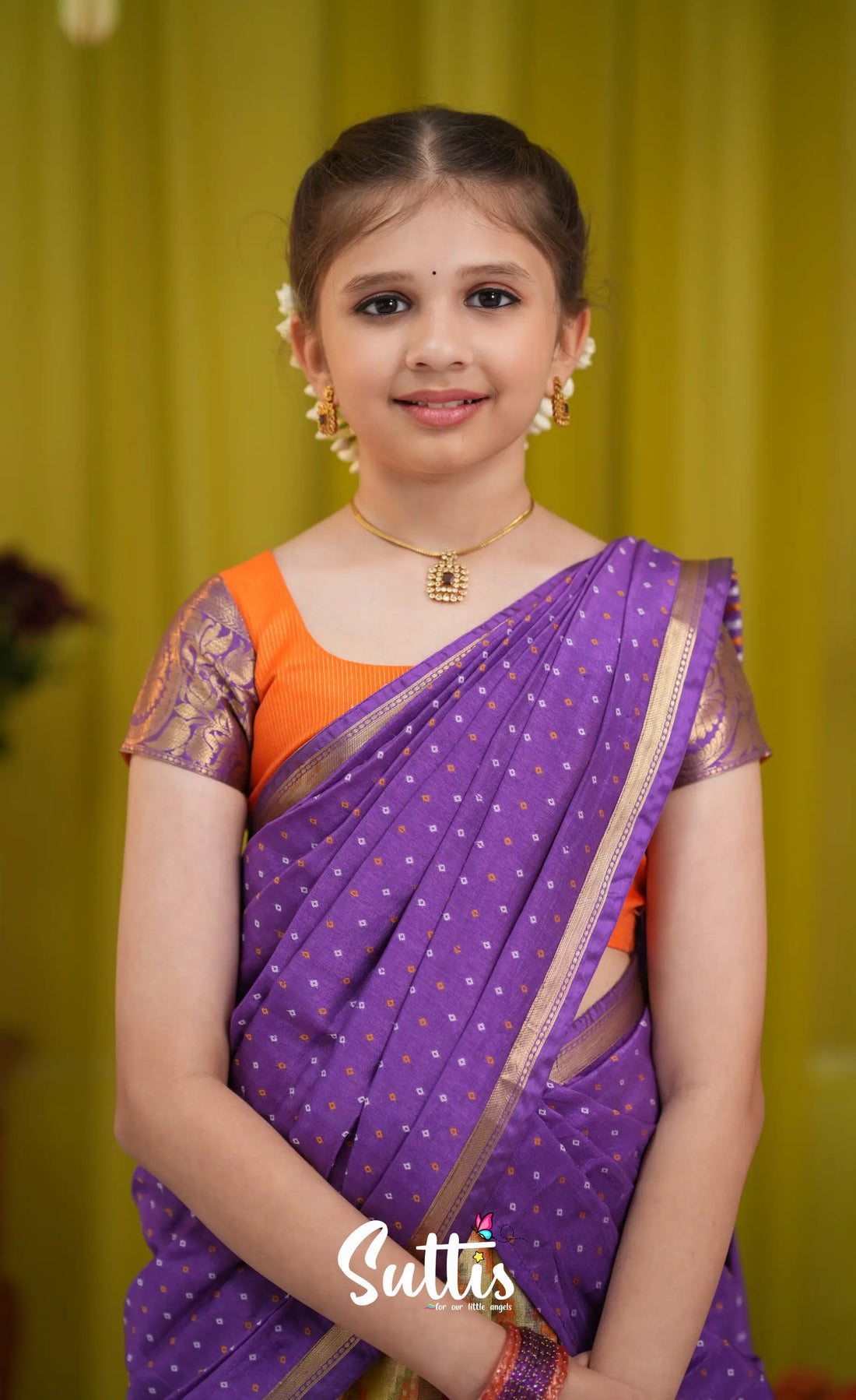 Kumaari Half Saree - Yellow and Purple - Kids-Suttis