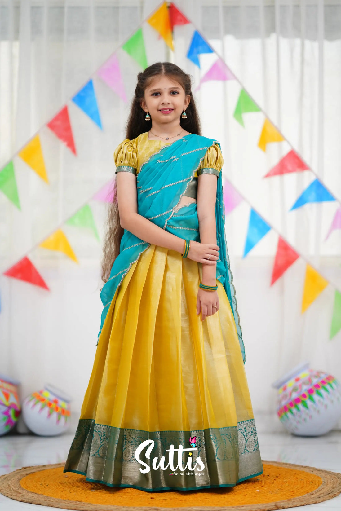 Kumaari Half Saree - Yellow And Teal Blue Kids-Suttis