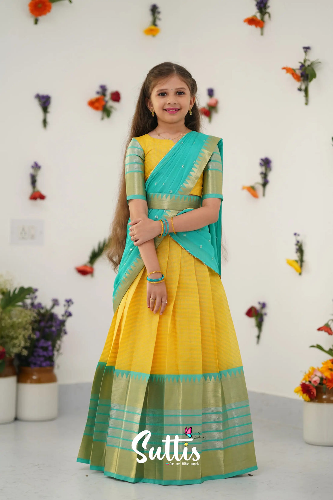 Kumaari Half Saree - Yellow And Teal Green Kids - Suttis