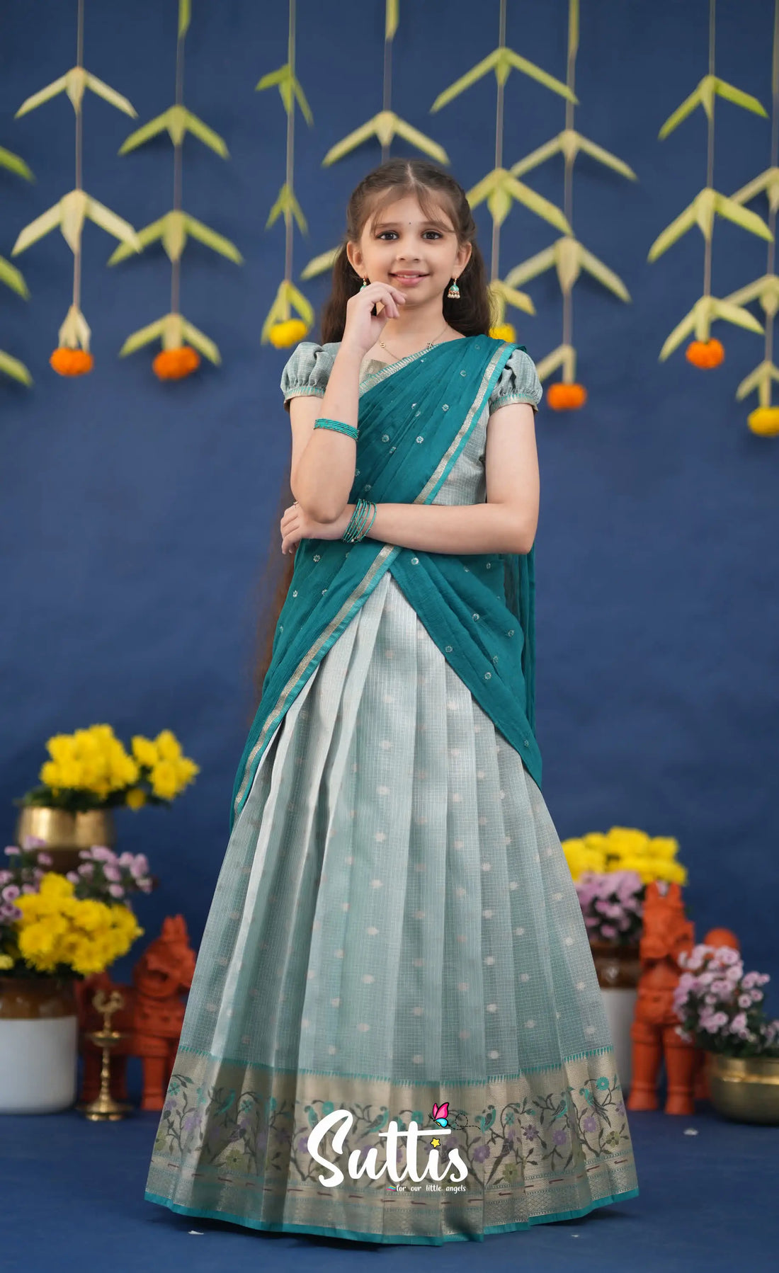 Kumaari Light Teal and dark Turquoise Kota Halfsaree Kids-Suttis