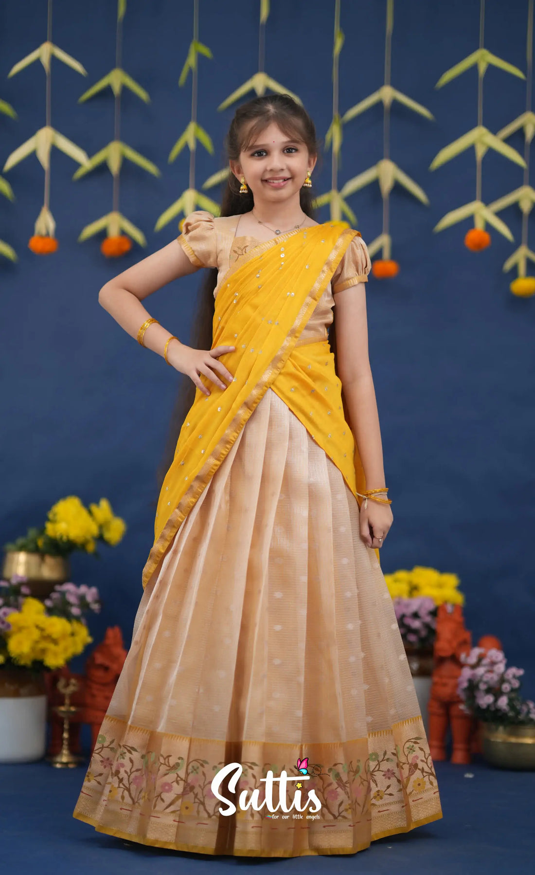 Kumaari Light Yellow and Yellow Paithani Kota Halfsaree Kids-Suttis