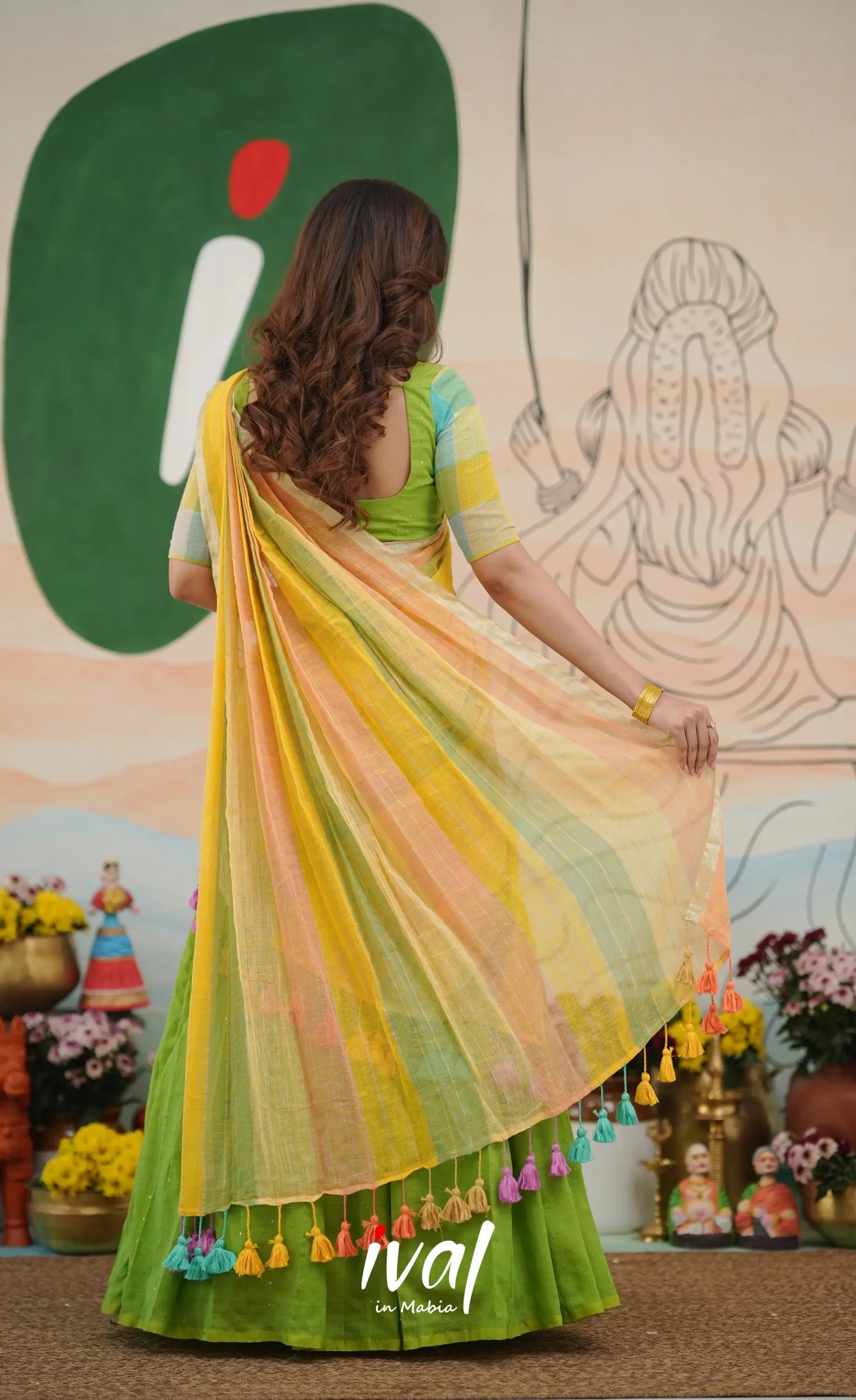 Leaf green with Yellow cotton Halfsaree Half Sarees