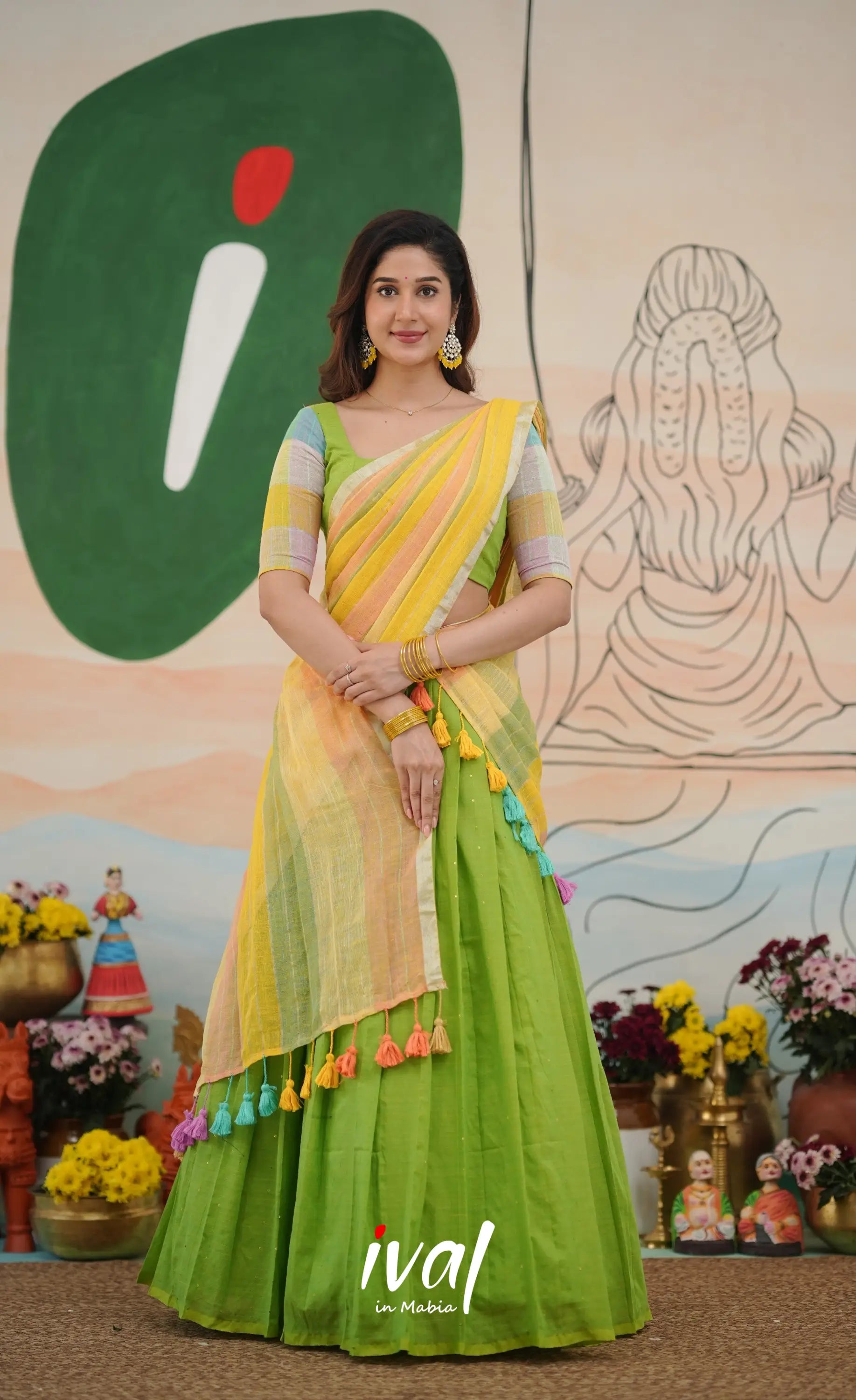 Leaf green with Yellow cotton Halfsaree Half Sarees