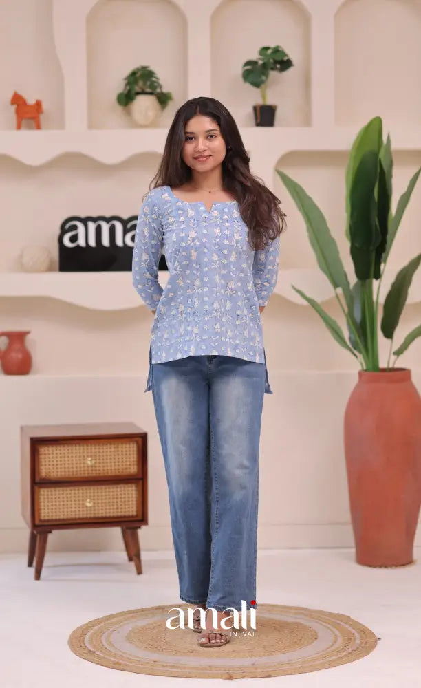 Light blue and White Jaipur Hand Block-Printed Short Top - salwar