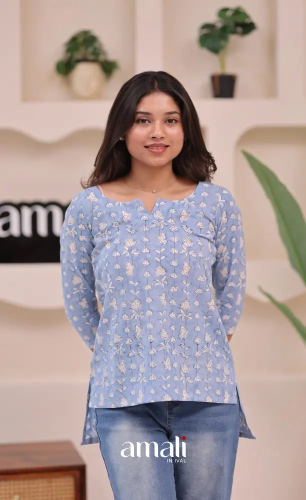 Light blue and White Jaipur Hand Block-Printed Short Top - salwar