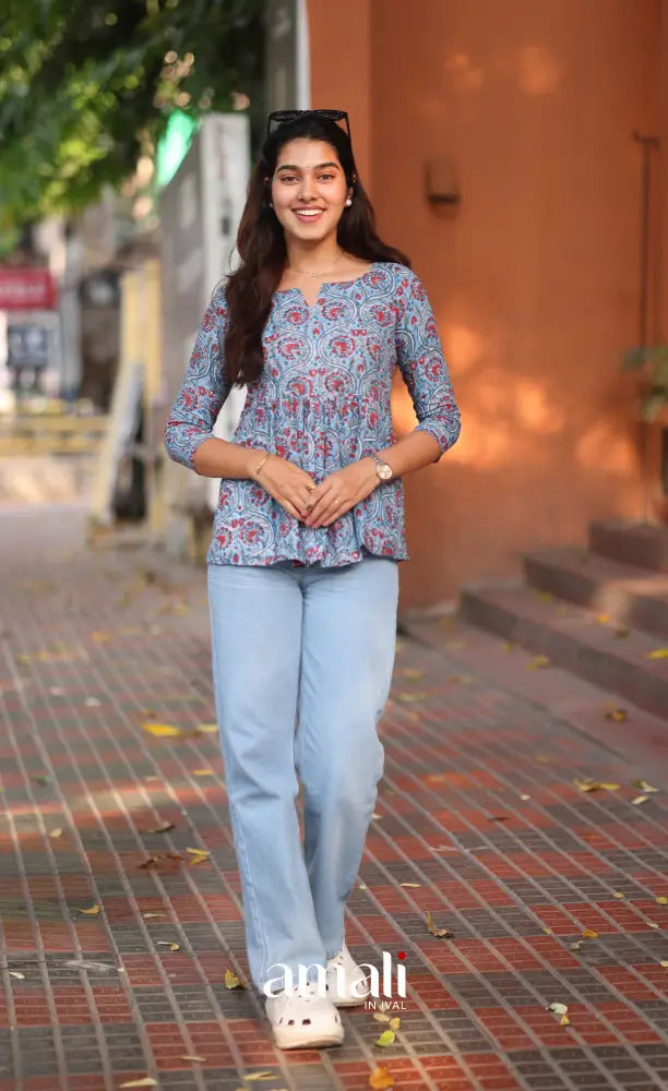 Light Blue Jaipur Hand Block-Printed Short Top - salwar
