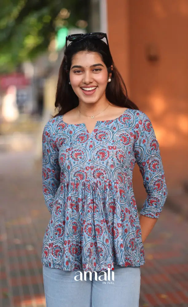 Light Blue Jaipur Hand Block-Printed Short Top - salwar