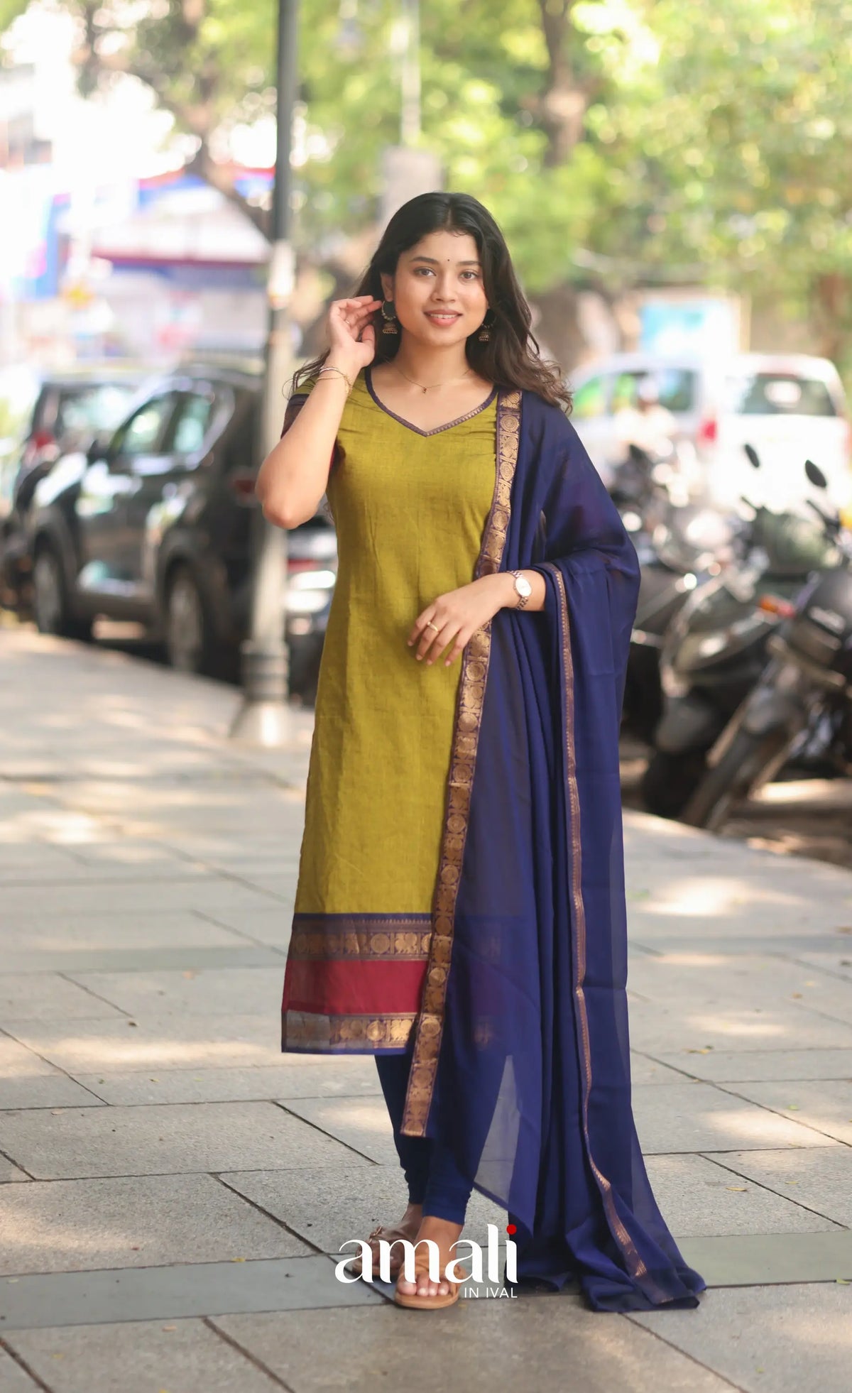 Light Green abd Royal Blue Chettinad Cotton Salwar Set - salwar